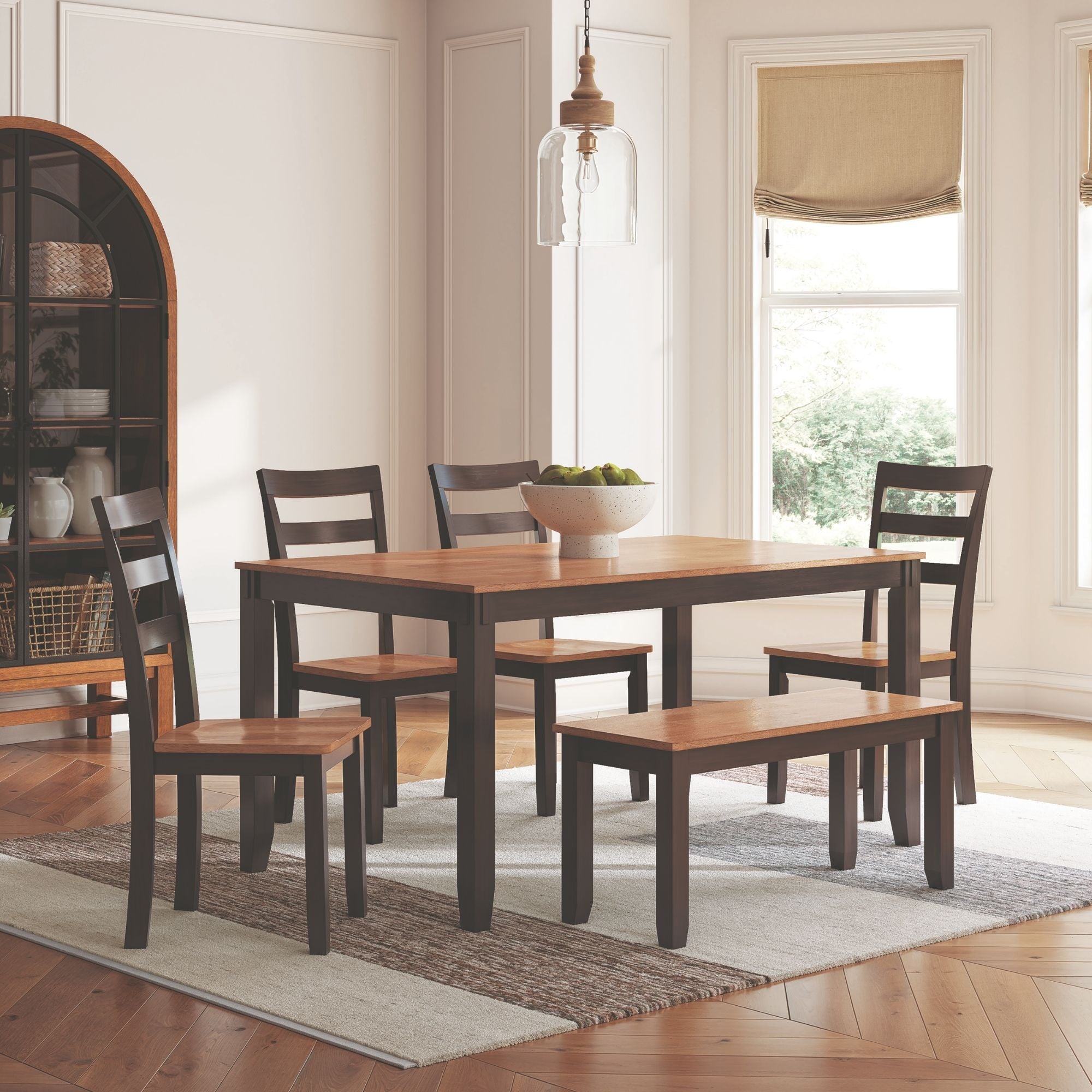 Ashley Gesthaven 6-piece dining room table set with natural wood finish and brown accents, including table and matching chairs.