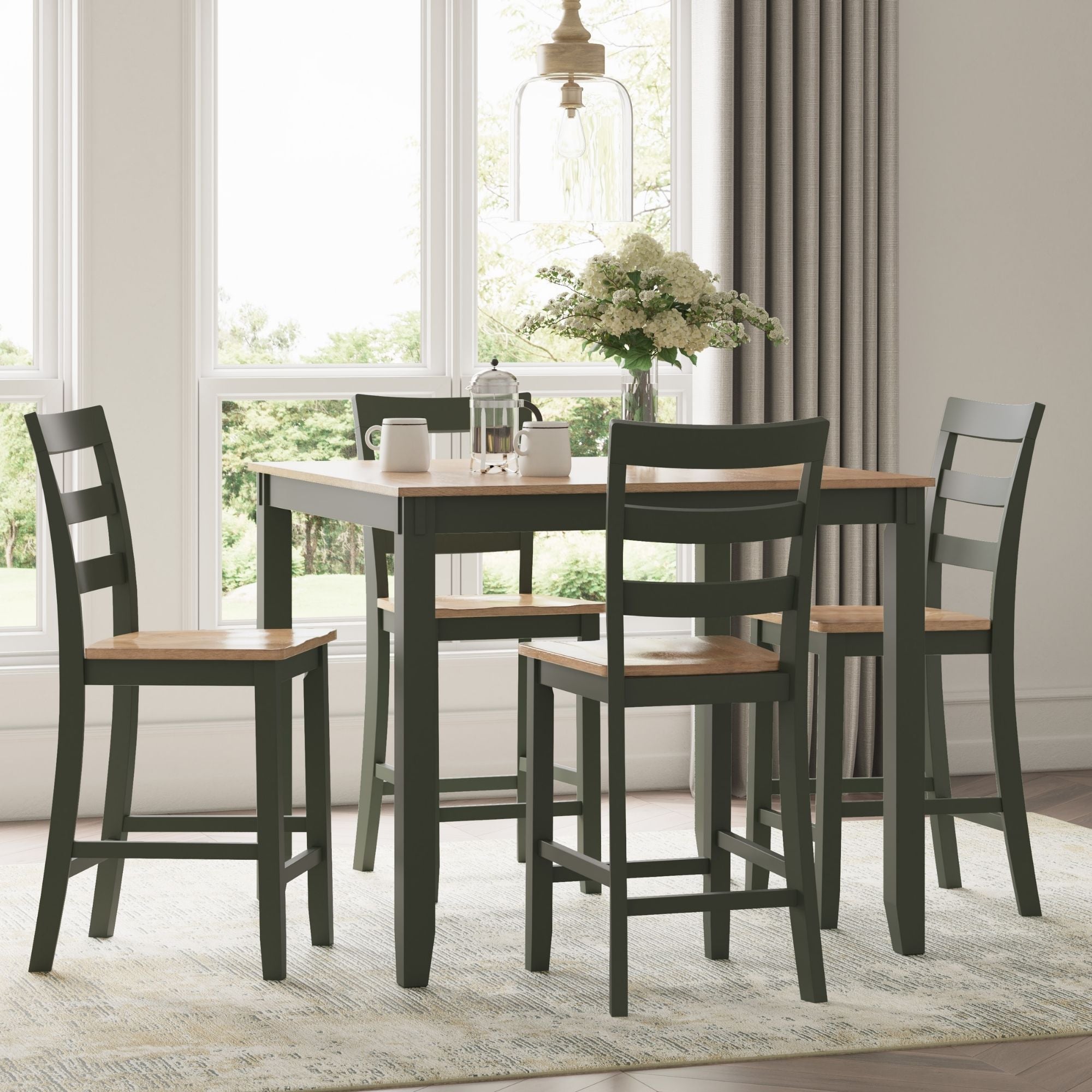 Ashley Gesthaven 5-piece counter dining room set with natural wood finish and green upholstered seats, includes table and chairs.