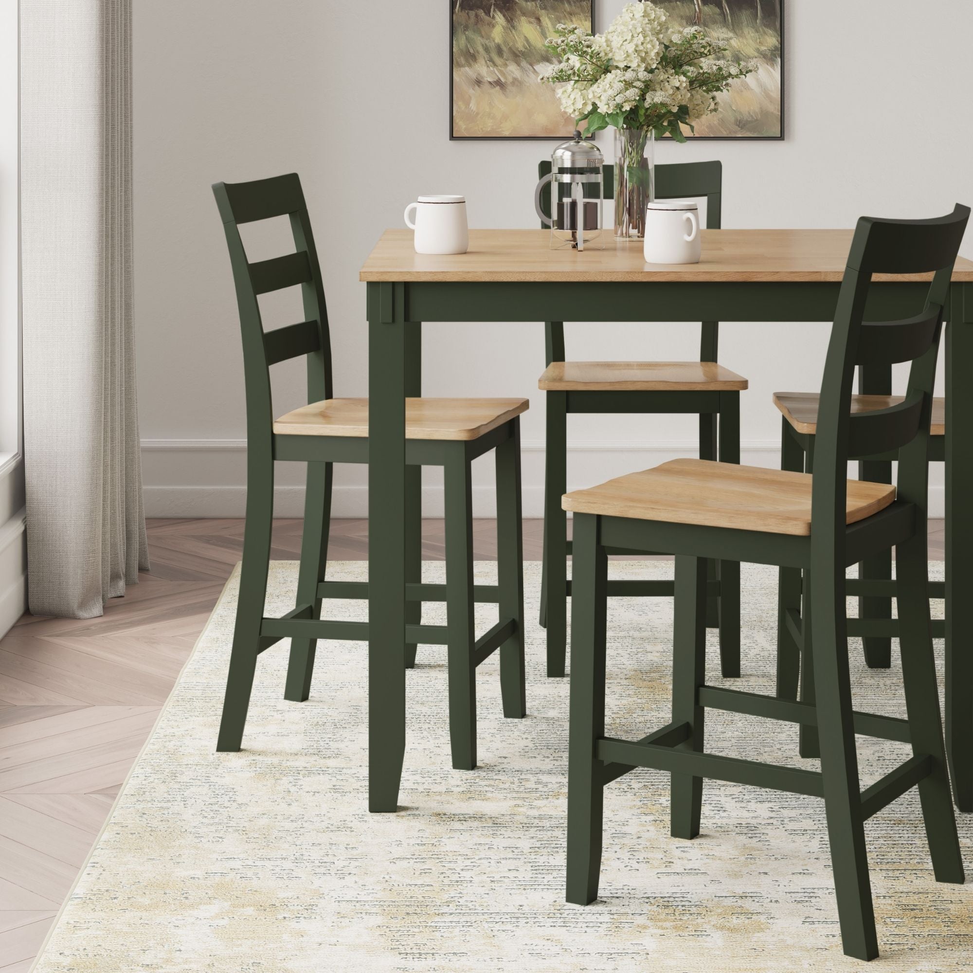Ashley Gesthaven 5-piece counter dining room set with natural wood finish and green upholstered seats, featuring a table with matching stools.
