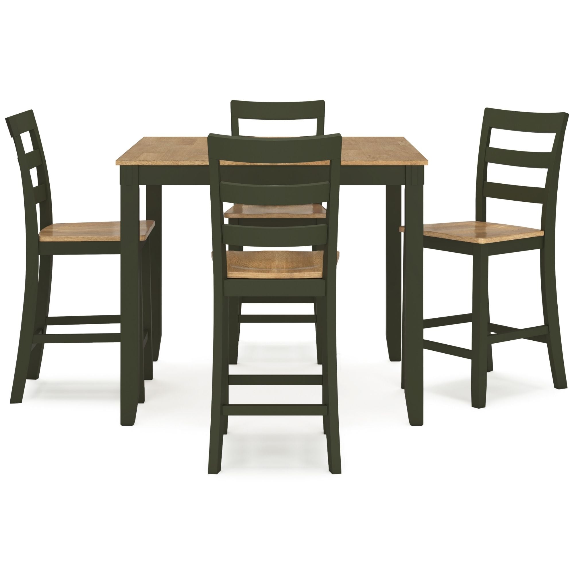 Gesthaven 5-piece Ashley dining counter height set with natural wood finish and green upholstered seats, ideal for casual dining.