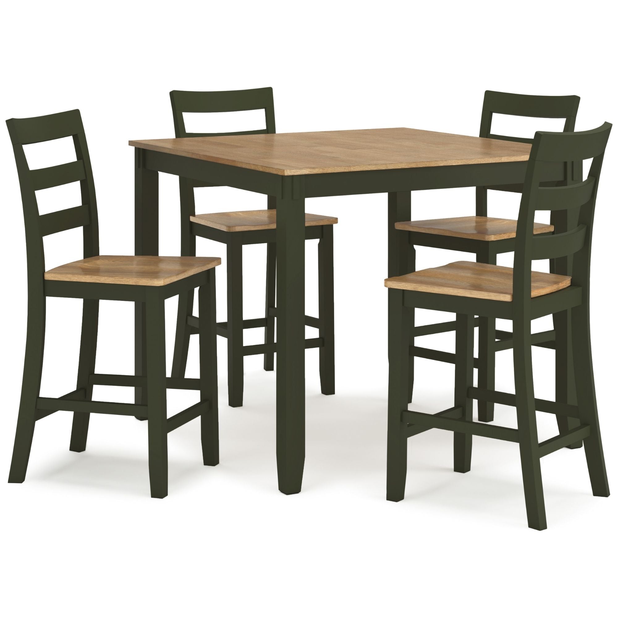 Ashley Gesthaven 5-piece counter dining set with natural wood finish and green upholstered chairs, ideal for casual dining spaces.