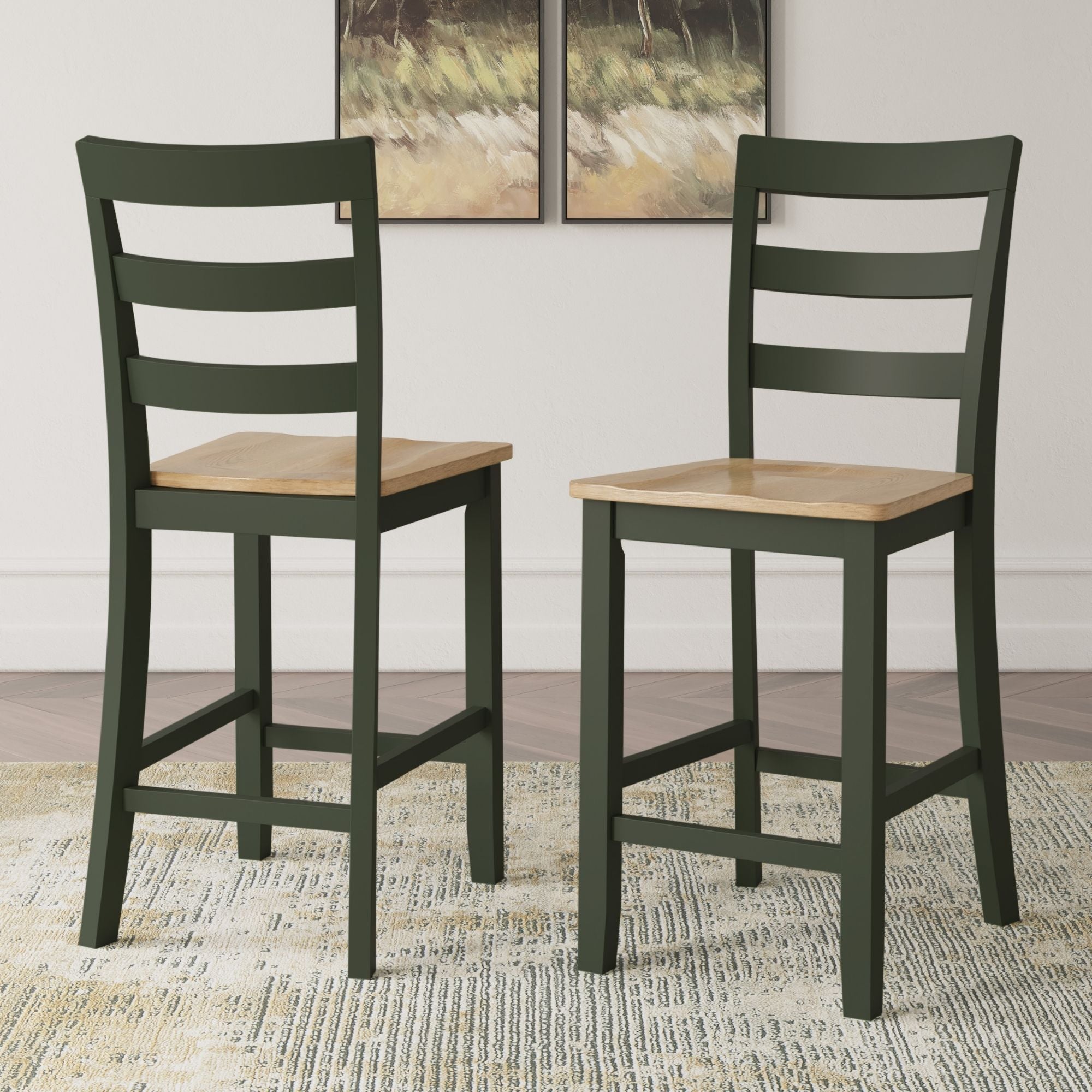 Gesthaven 5-piece counter dining set by Ashley with natural wood finish and green upholstered seats, including table and chairs.