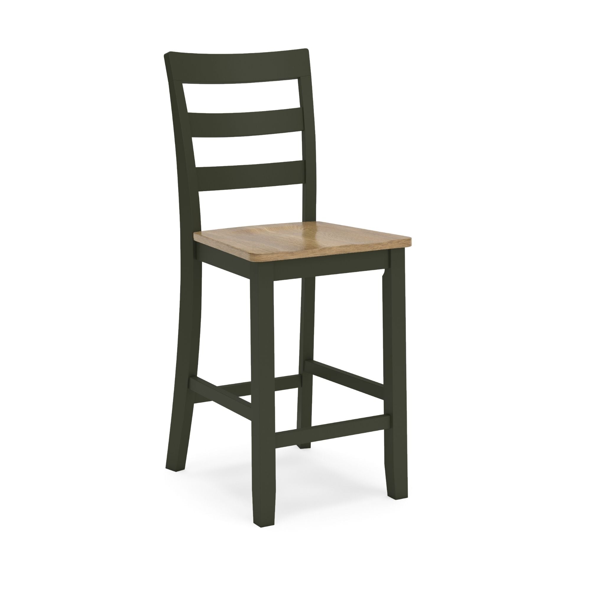 Ashley Gesthaven 5-piece counter dining room set with natural wood finish and green upholstered seats, includes table and four chairs.