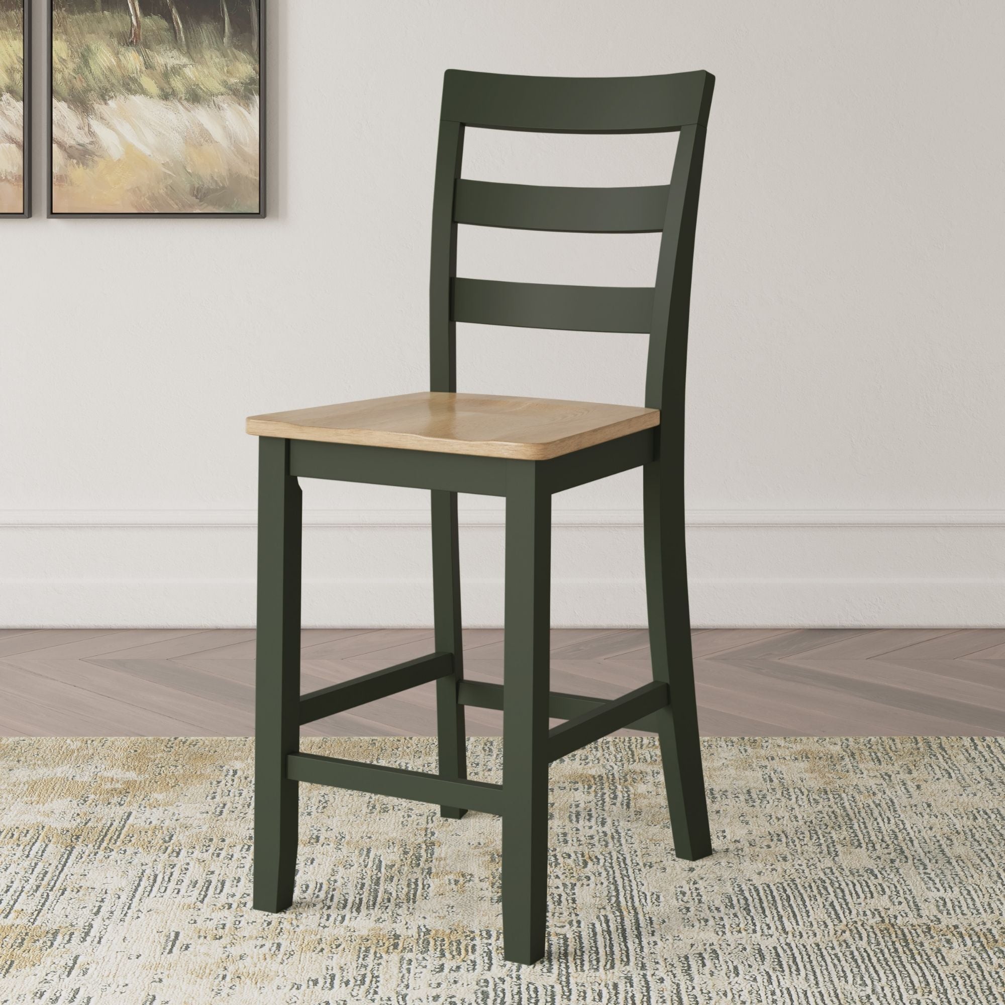 Ashley Gesthaven 5-piece counter dining room set with natural wood and green upholstered seats, includes table and stools.