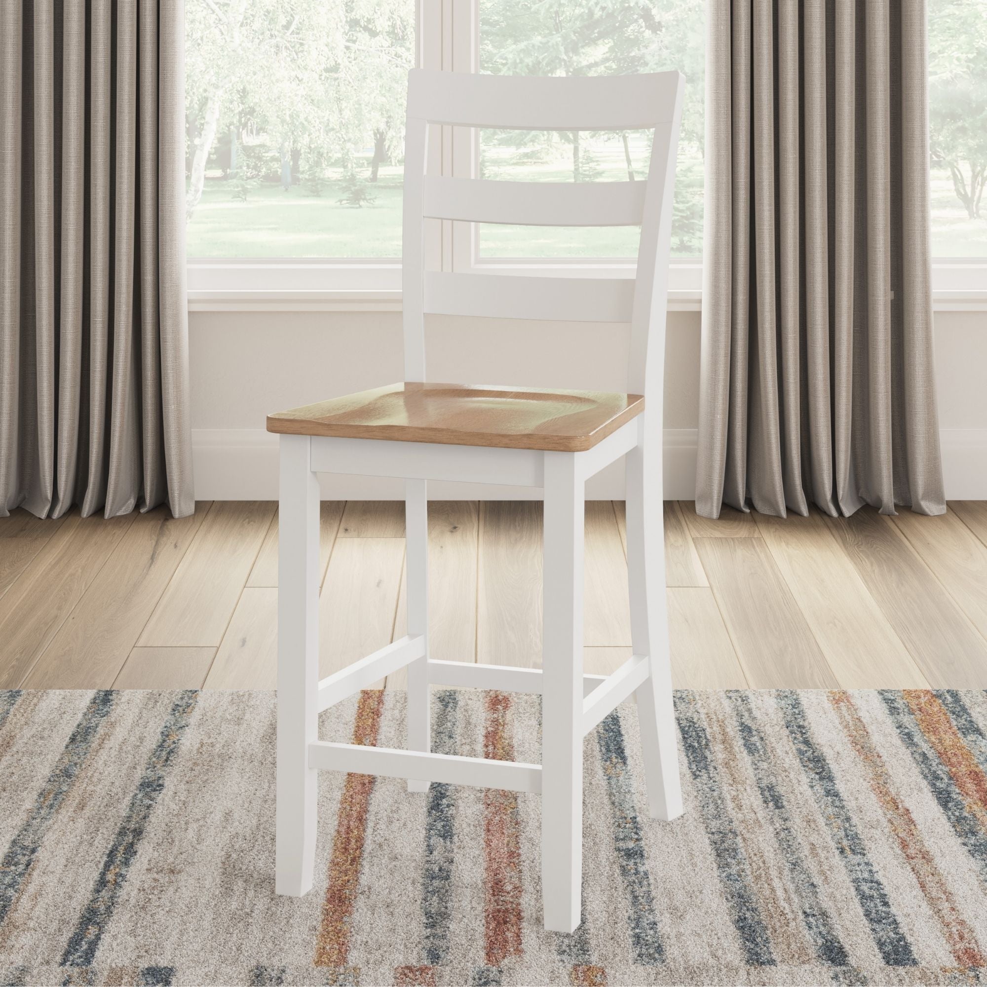 Ashley Gesthaven 5-piece counter dining room set with natural wood finish and white accents, includes table and chairs.