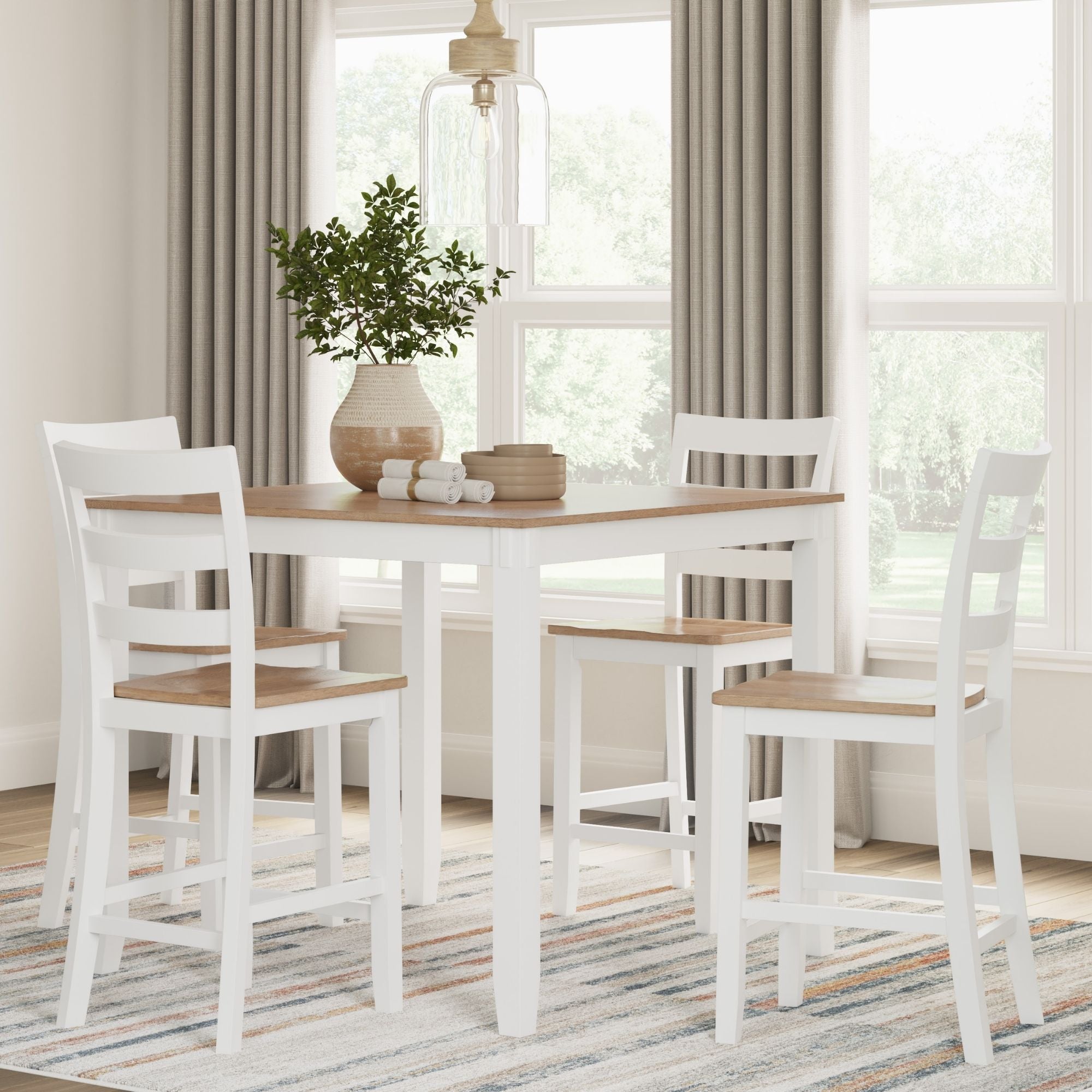 Ashley Gesthaven 5-piece counter height dining set with natural wood finish and white accents, includes table and chairs.