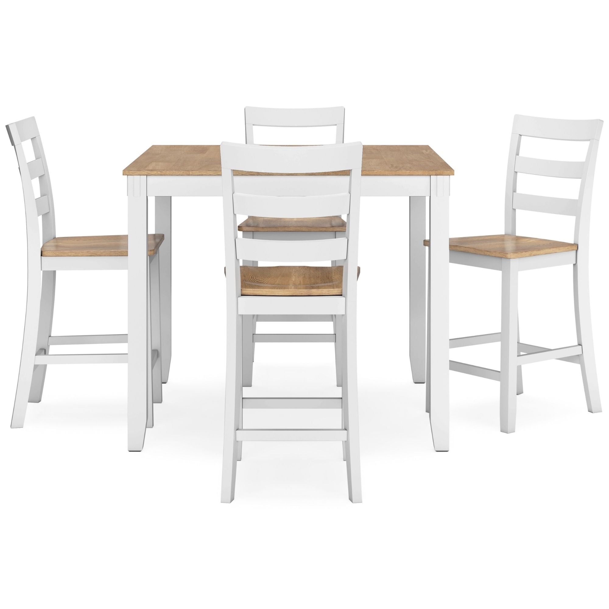 Ashley Gesthaven 5-piece counter height dining set with natural wood finish and white accents, includes table and matching stools.