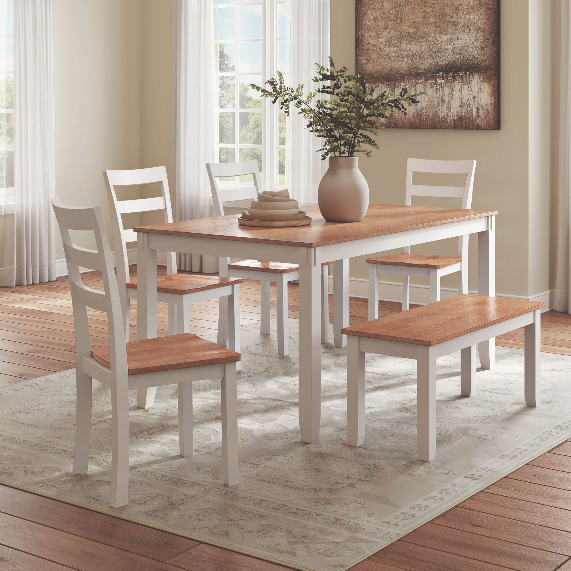 Ashley Gesthaven 6-piece dining room table set with natural wood and white finish, includes table and matching chairs.