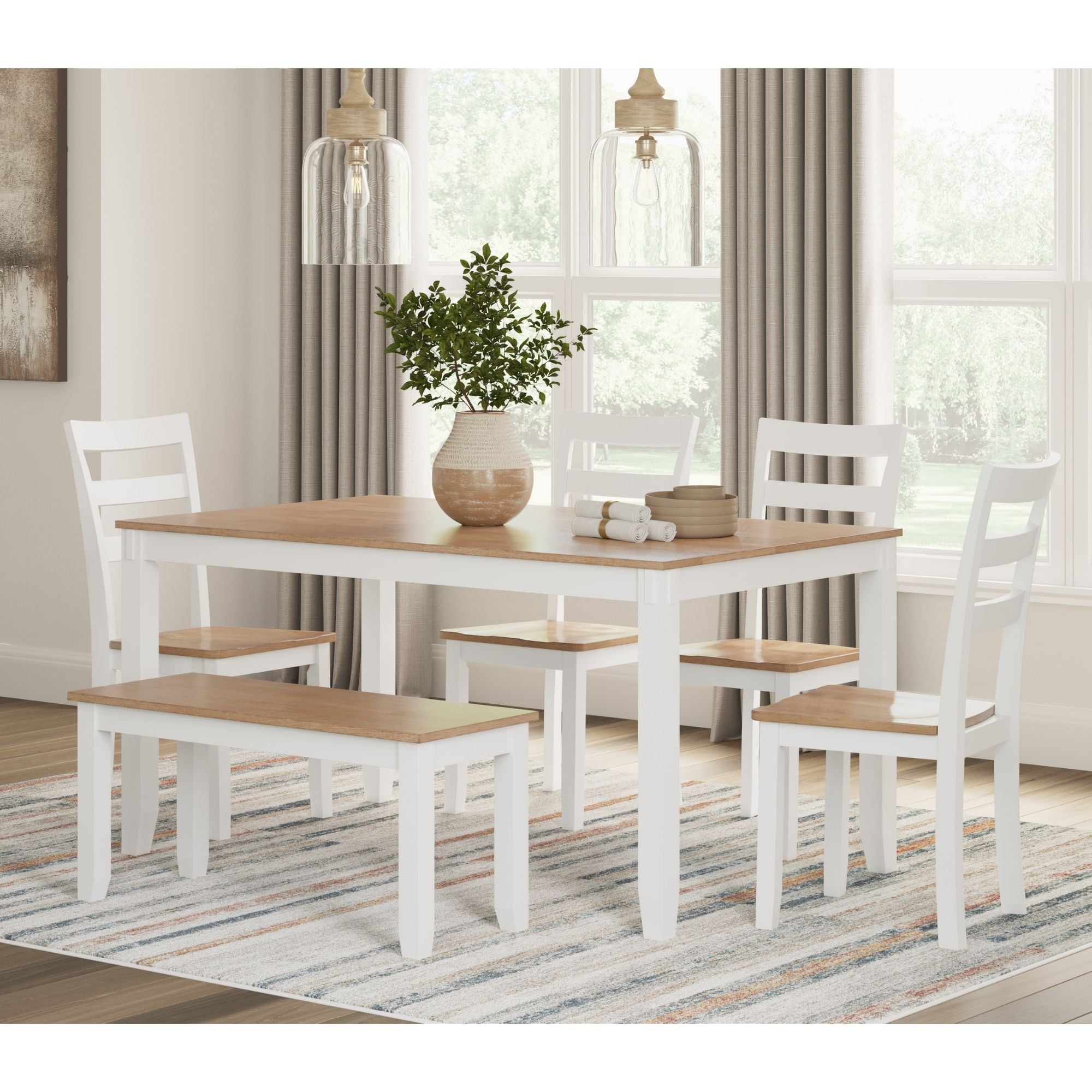 Ashley Gesthaven 6-piece dining table set with natural wood and white finish, includes table and matching chairs for dining room.