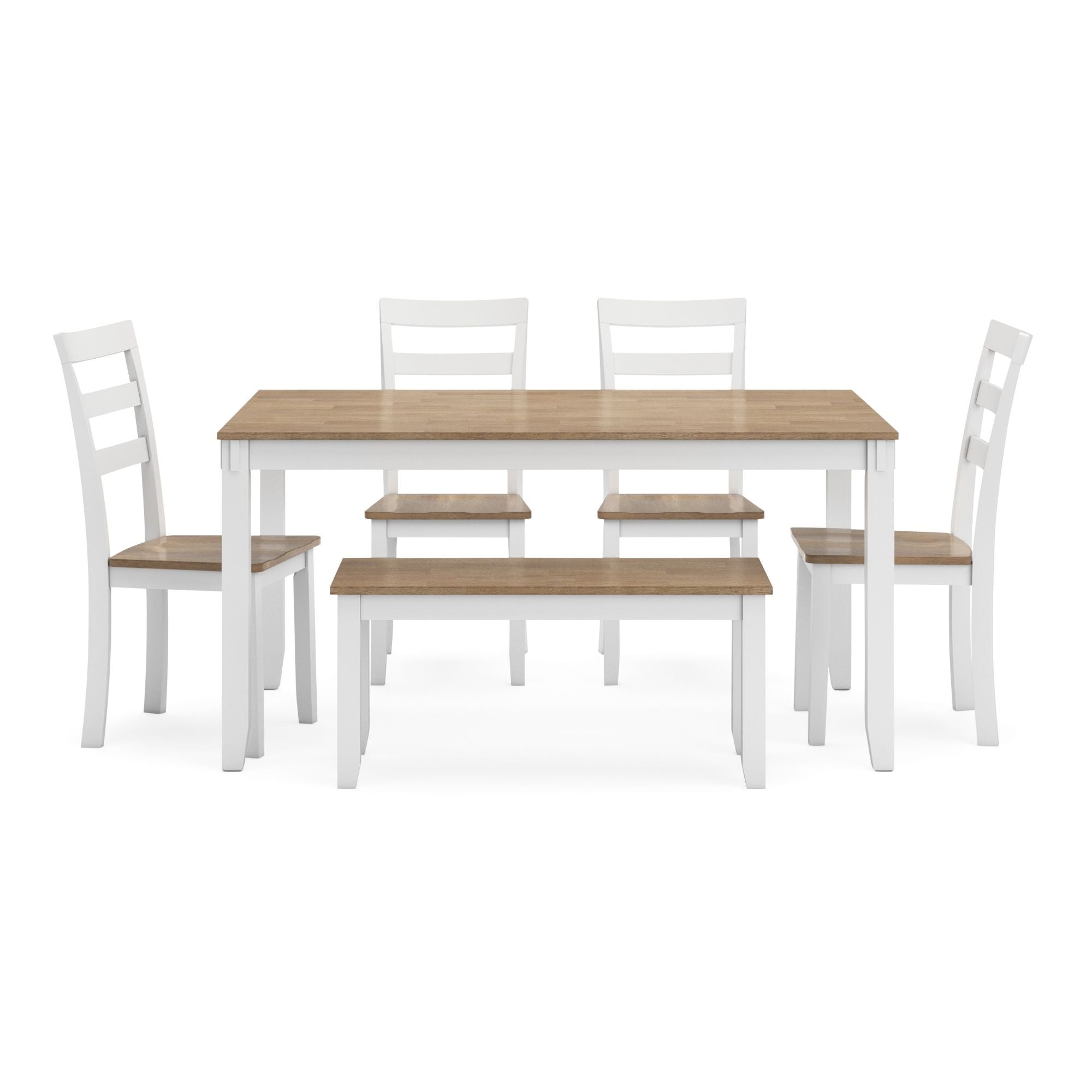 Ashley Gesthaven 6-piece dining room table set with natural wood finish and white chairs, perfect for casual family meals.