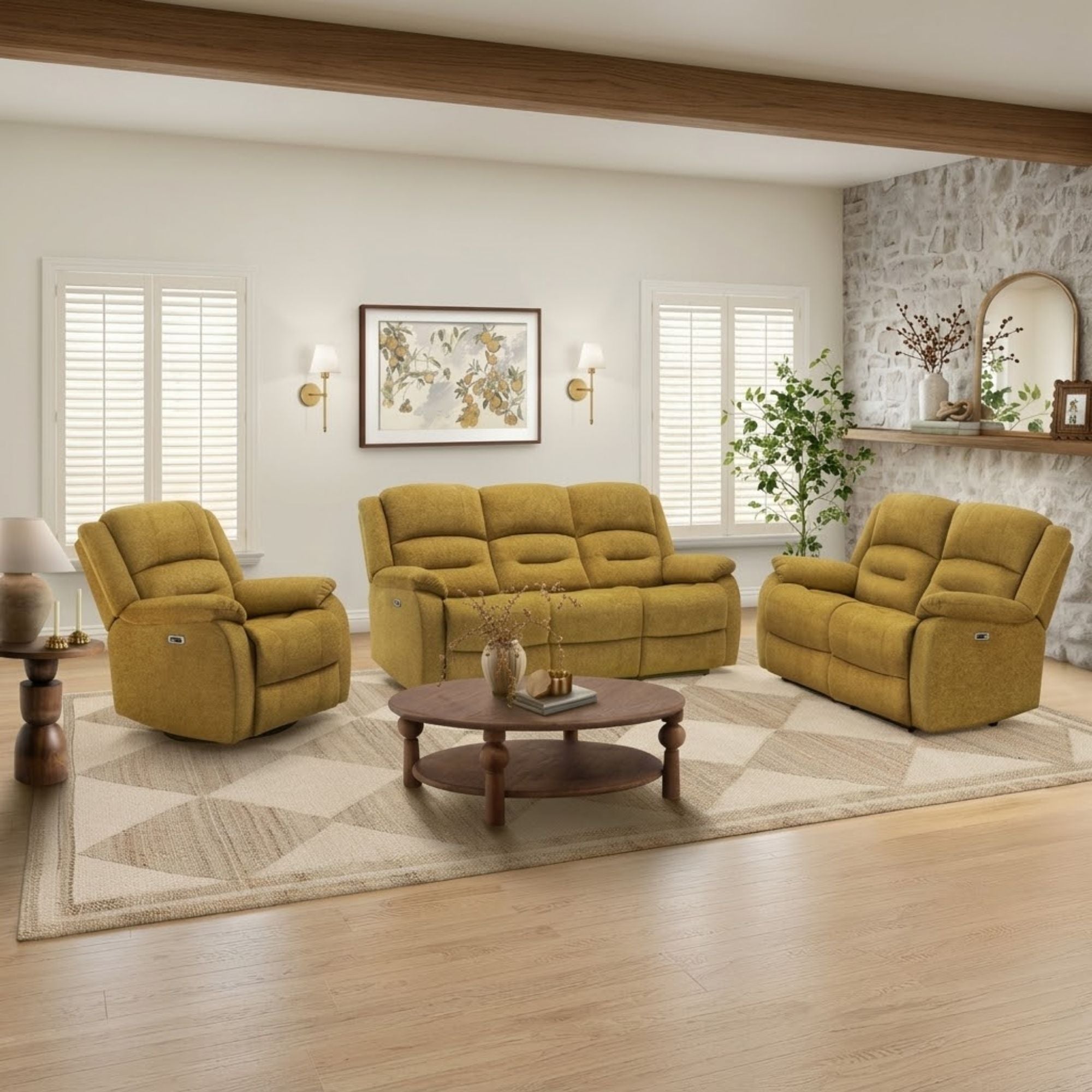 Monarch Specialties CloudRest 3-seater power reclining sofa with gold upholstery and built-in USB ports, stylish and comfortable.