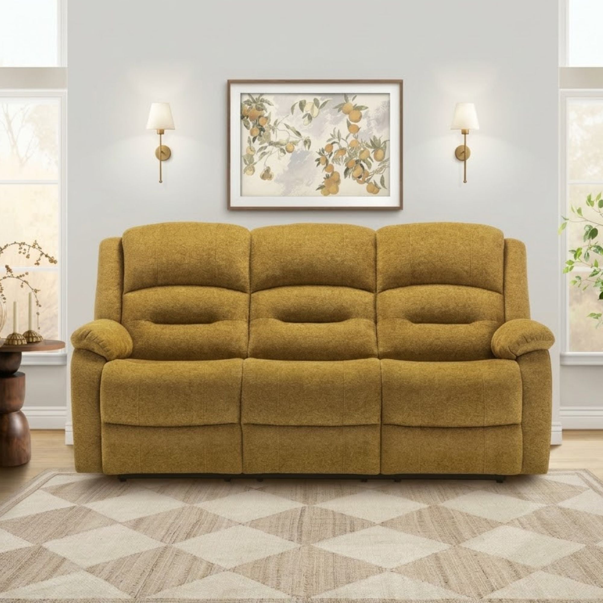 Gold Monarch Specialties CloudRest 3-Seater power reclining sofa with USB ports, plush fabric, and modern design.