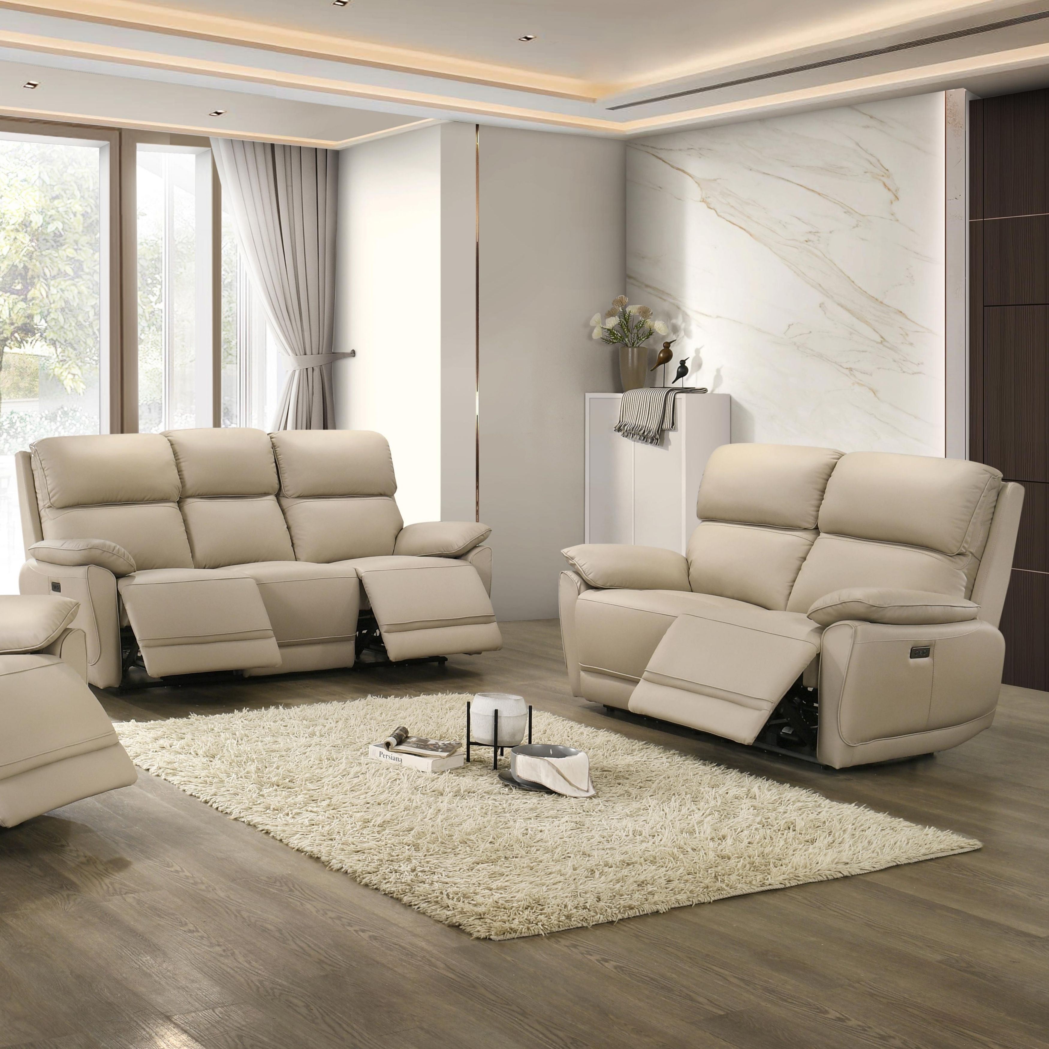 Beige IFF Grand Luxe leather power recliner sofa set with plush cushions and modern design, ideal for comfortable living rooms.
