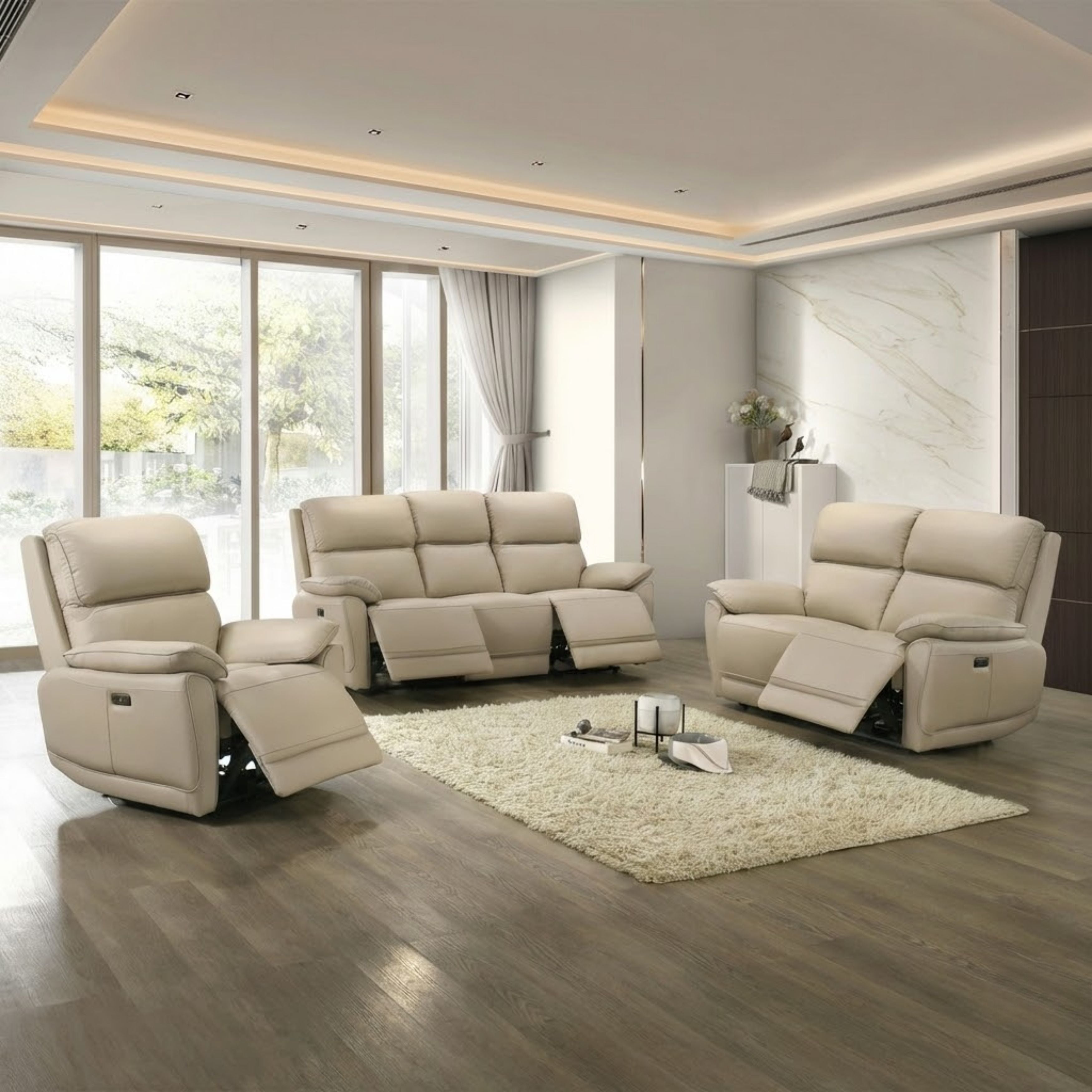 Grand Luxe Leather Power Recliner Set Beige