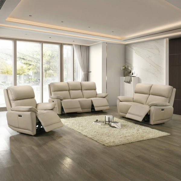 Beige IFF Grand Luxe leather power recliner sofa set with plush cushions and modern design, displayed in a stylish living room setting.