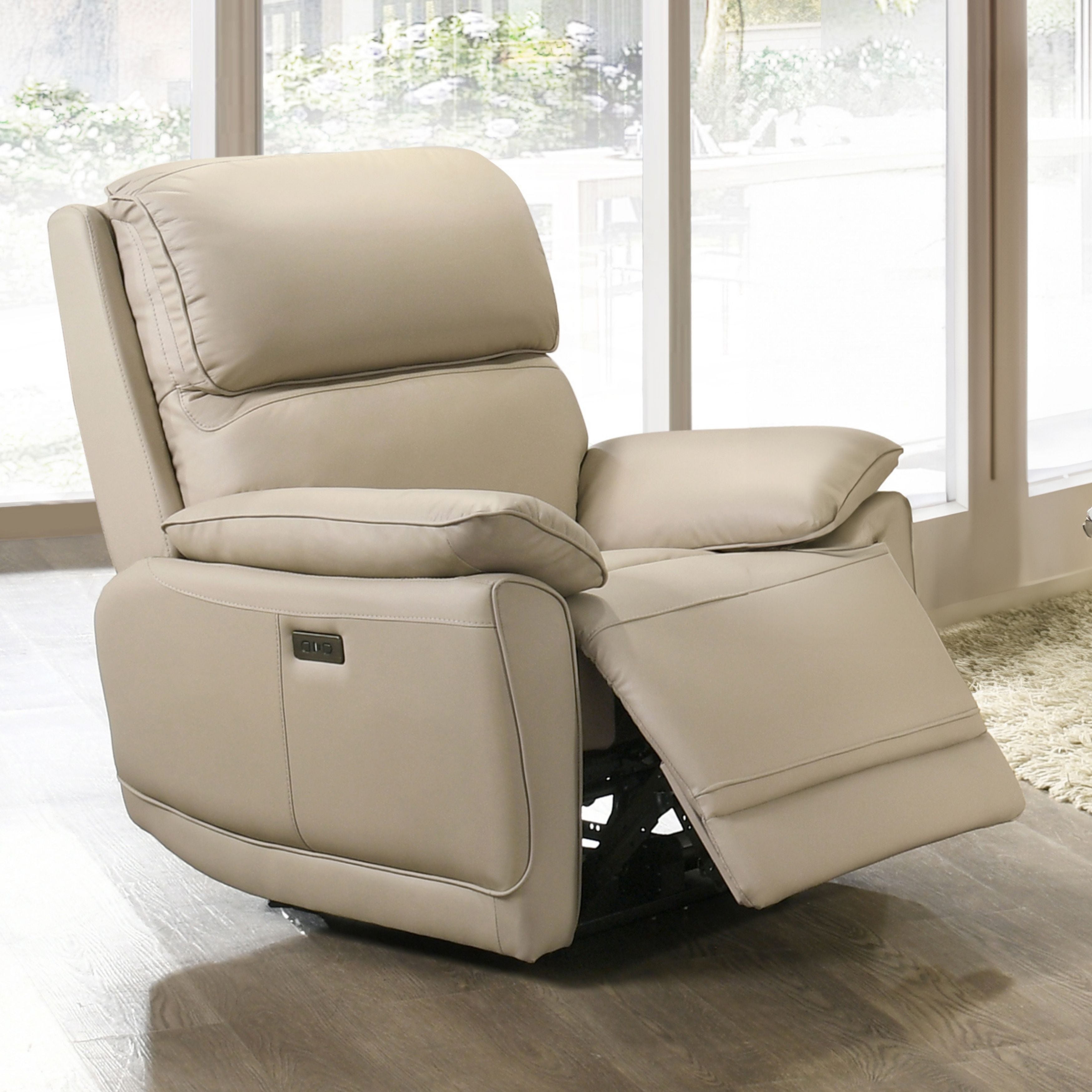 Beige Grand Luxe leather power recliner chair by IFF, featuring plush cushioning and modern design for comfortable seating.