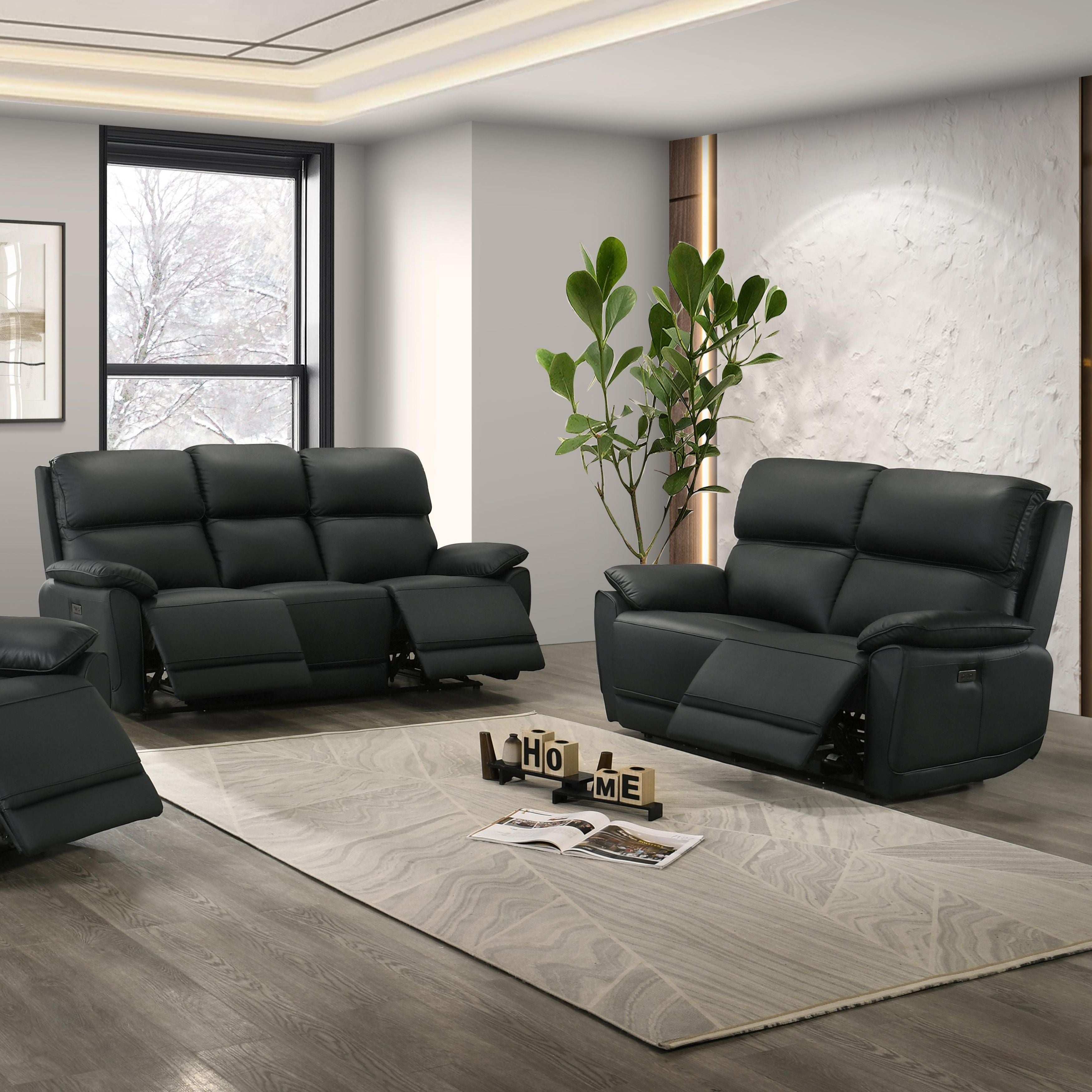 Black Grand Luxe leather power recliner sofa set by IFF, featuring plush cushions and modern design for comfortable relaxation.