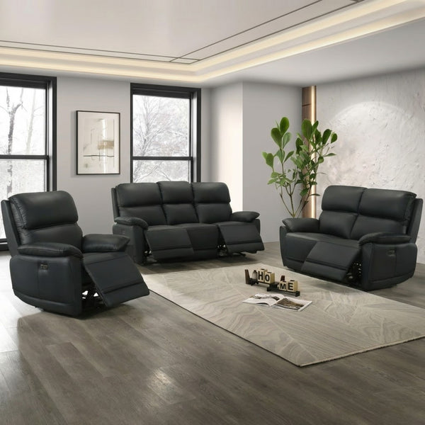 Black Grand Luxe Leather Power Recliner Set by IFF, featuring plush reclining sofas with sleek leather upholstery.