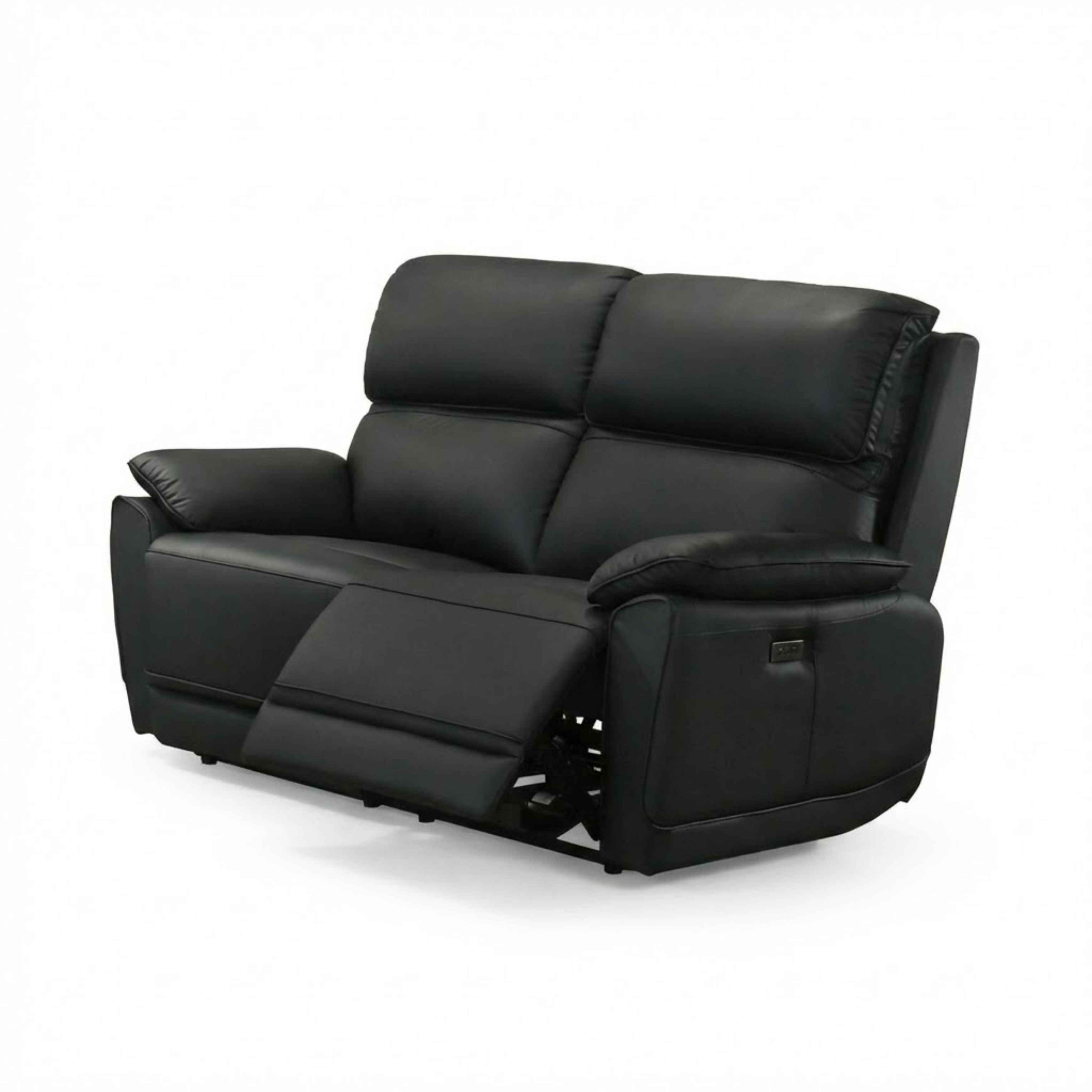 Black IFF Grand Luxe leather power recliner set with plush cushions and modern design, shown in a stylish living room setup.