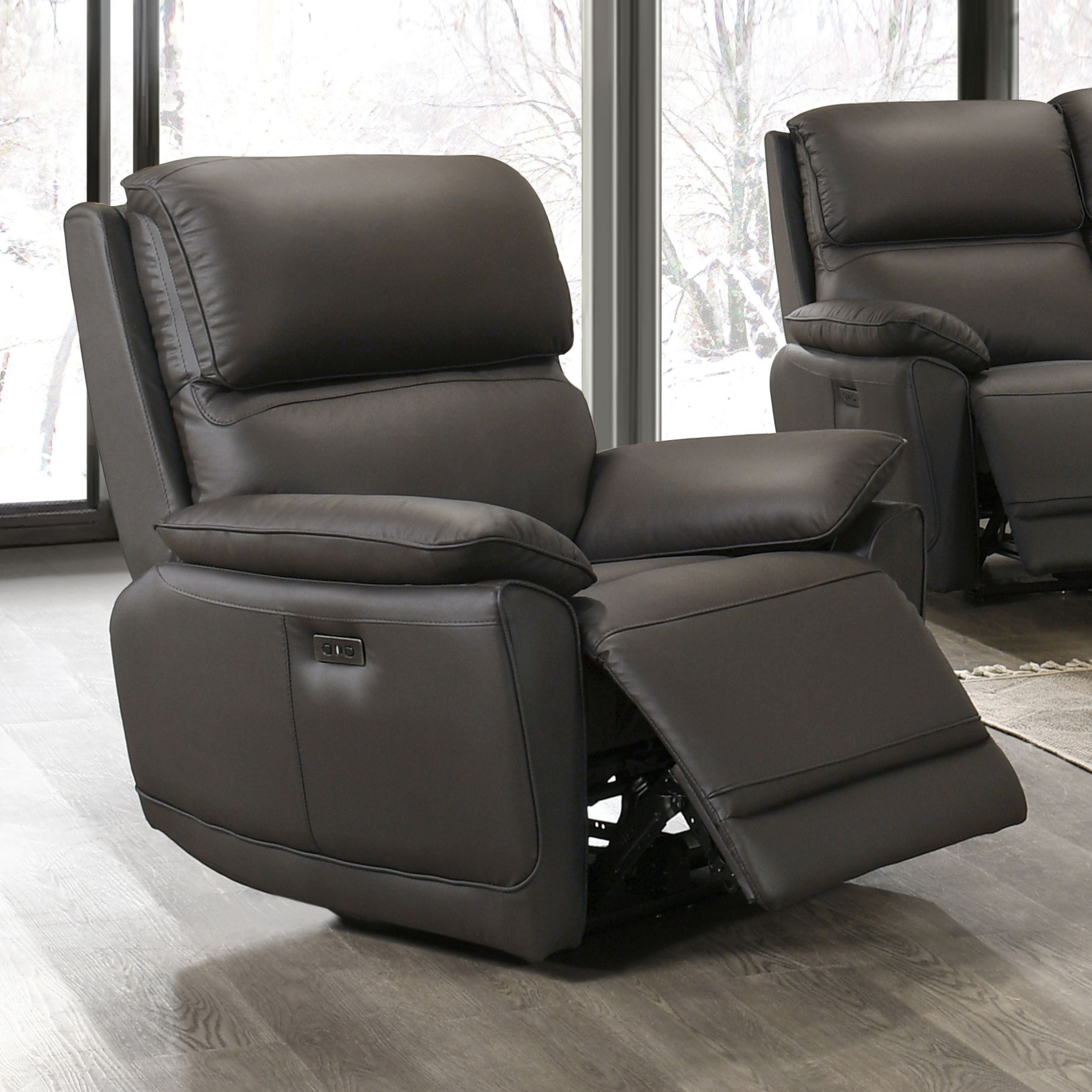 Dark chocolate leather IFF Grand Luxe power recliner chair with plush cushioning and modern design, showcasing its reclining feature.