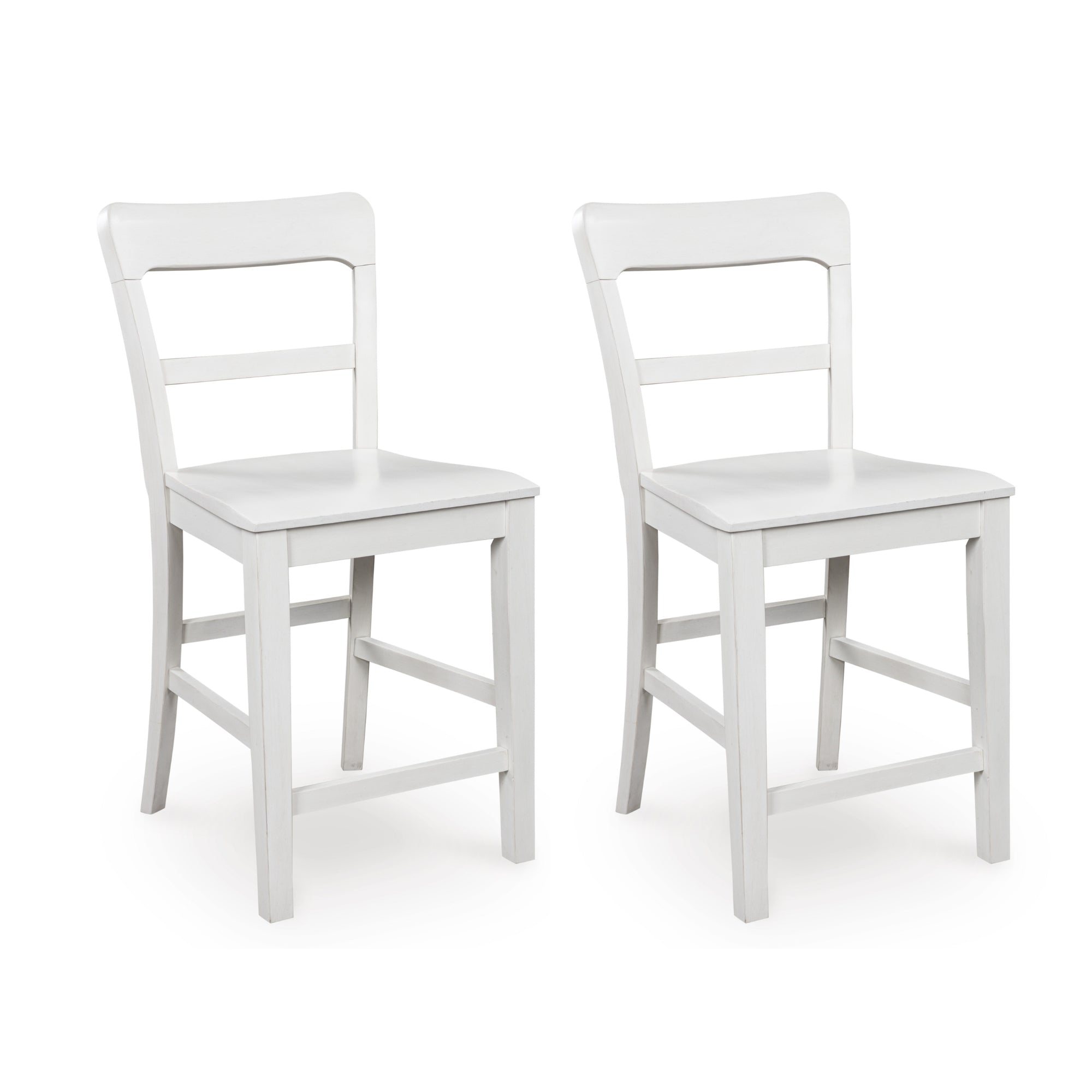 Set of two white Greddinton bar stools by Signature Ashley with wooden legs and cushioned seats, ideal for kitchen or bar area.