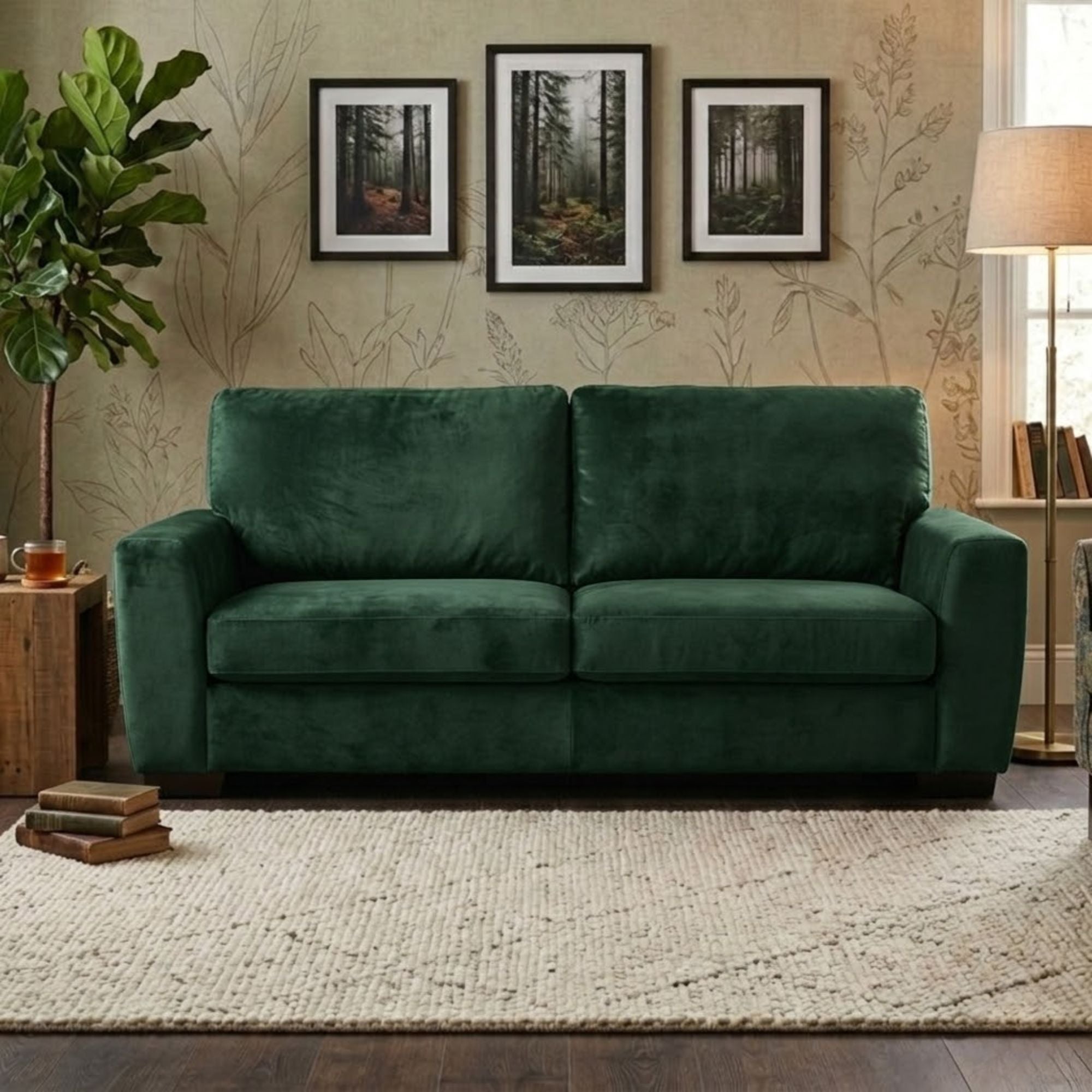 ComfortStyle Canadian-made Coulter sofa in green velvet, featuring plush upholstery and modern design for stylish living rooms.