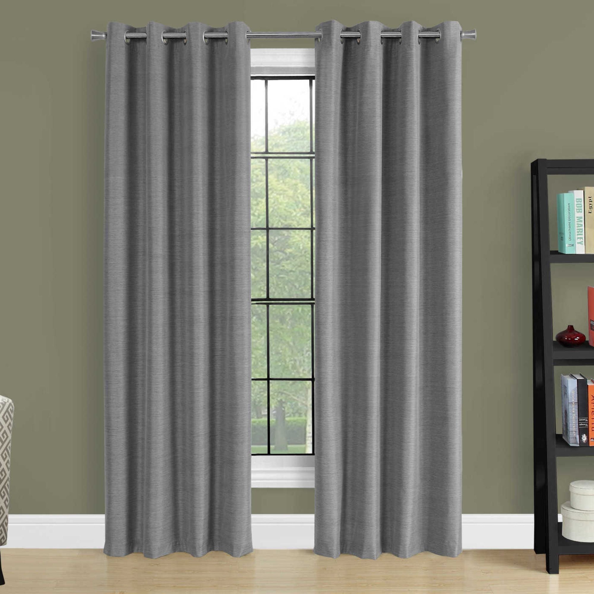 Set of two grey blackout curtain panels from Monarch Specialties, 52 inches wide, ideal for blocking light and privacy.