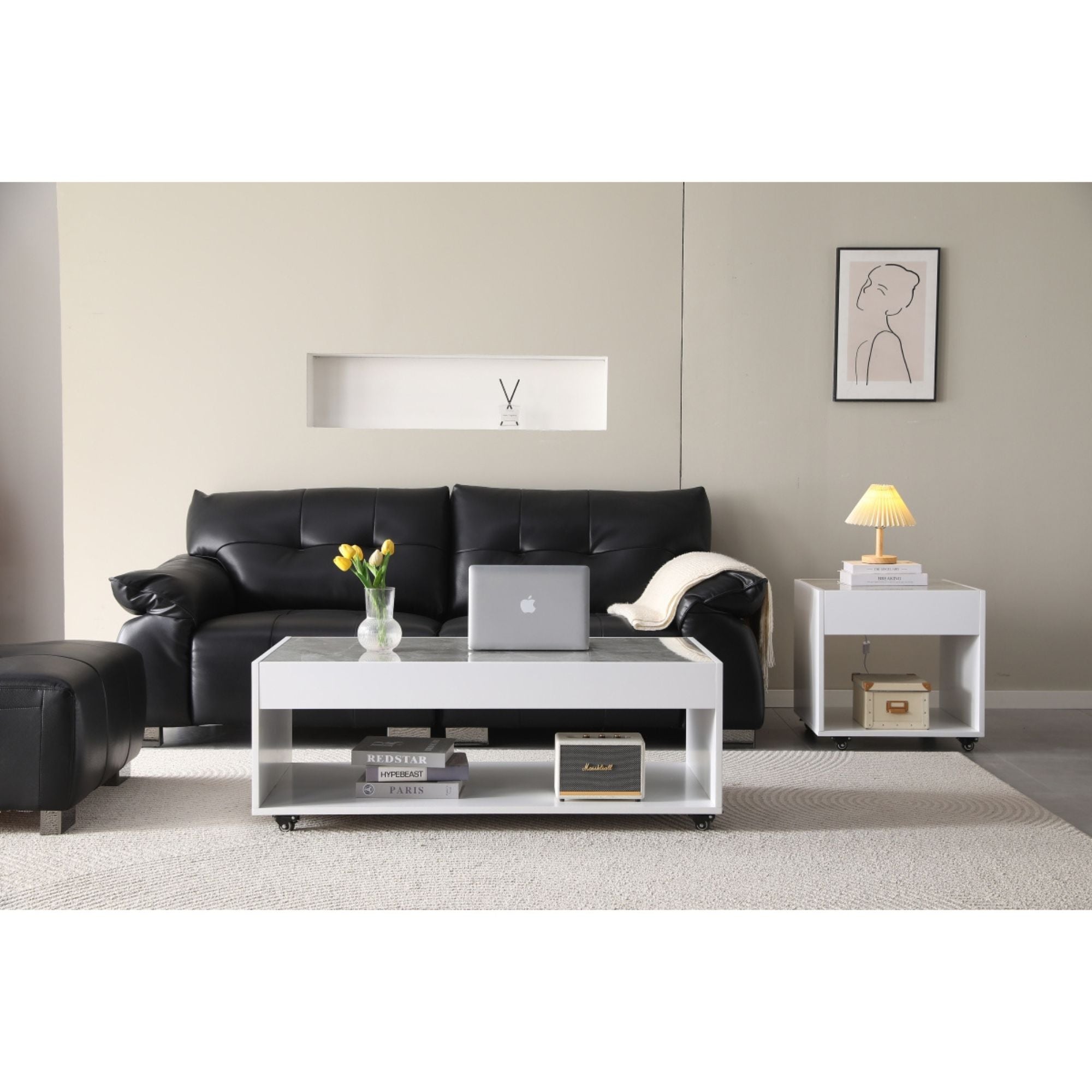 Set of grey sintered stone coffee tables from MAZ's Elariel Collection, featuring modern white design and clean lines.