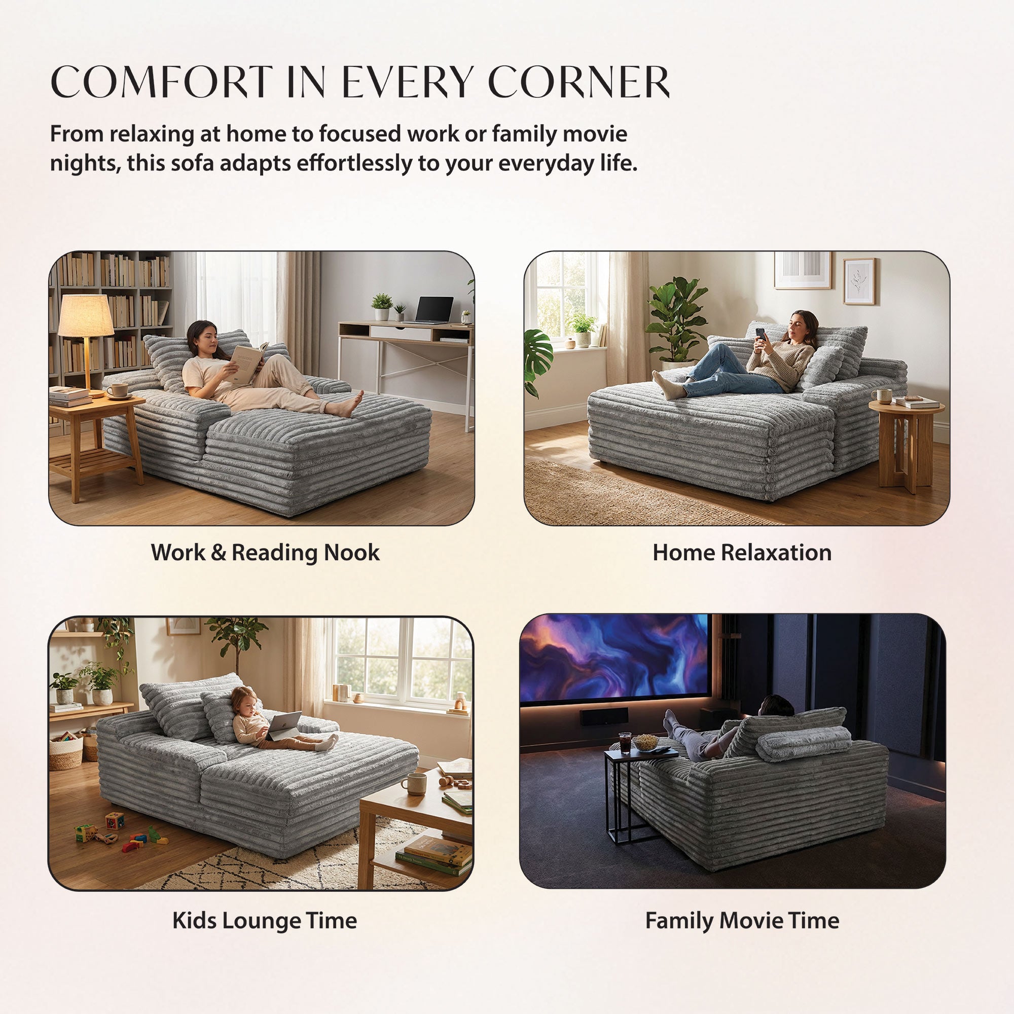 Grey oversized cozy lounge sofa chaise by Taste Living, featuring plush fabric and spacious design for relaxing comfort.