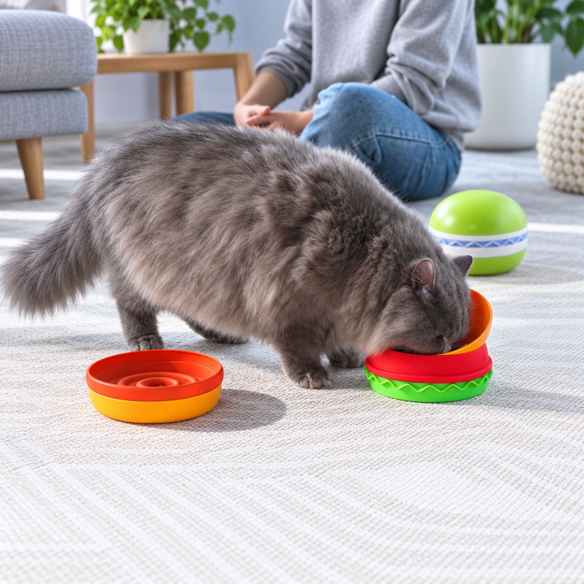 Orange Superdesign hamburger-shaped slow feeder pet bowl with divided sections and raised center.