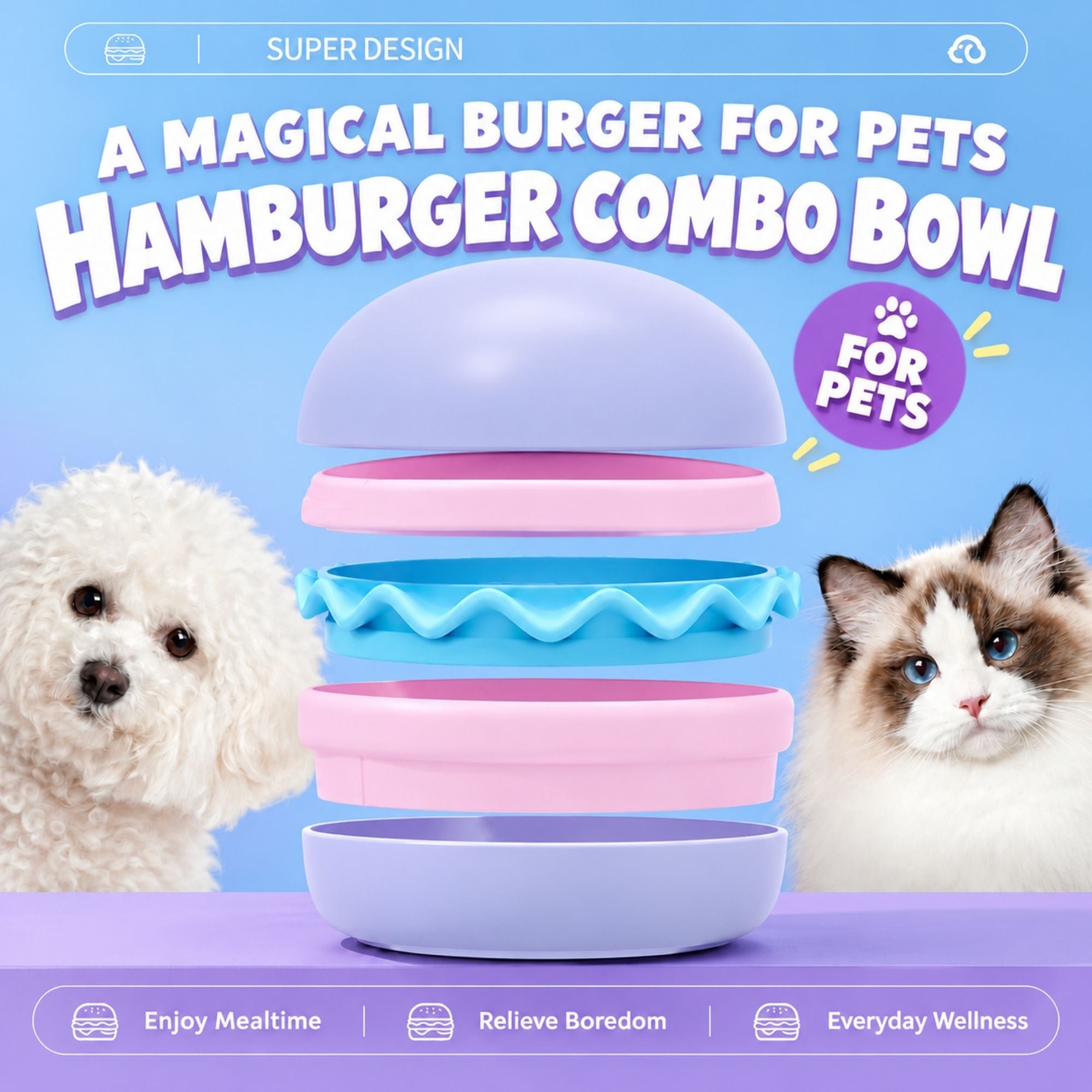 Purple hamburger-shaped Superdesign slow feeder pet bowl by CastleUp Experience Centre
