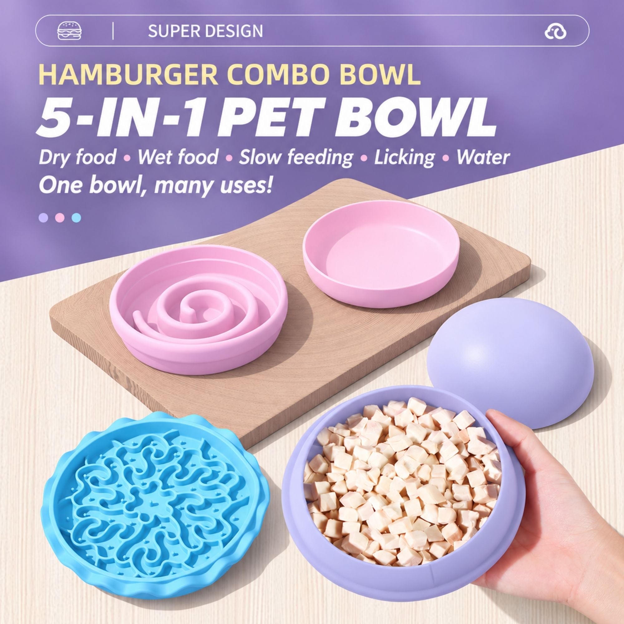 Purple Superdesign hamburger-shaped slow feeder pet bowl viewed from above