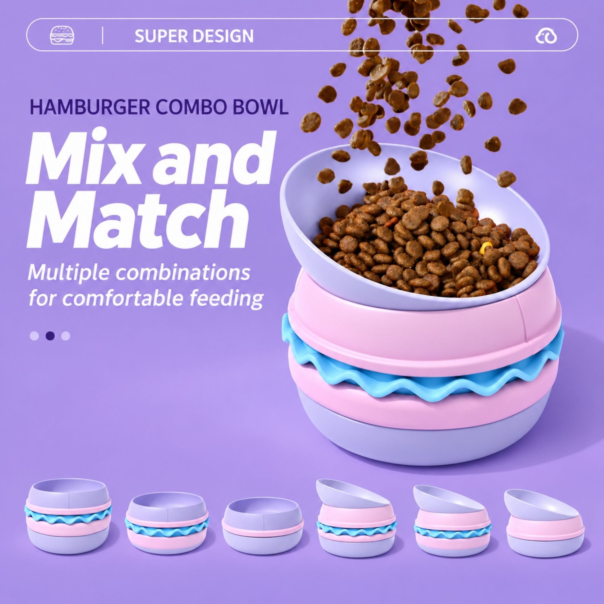 Purple hamburger-shaped Superdesign slow feeder pet bowl by CastleUp Experience Centre