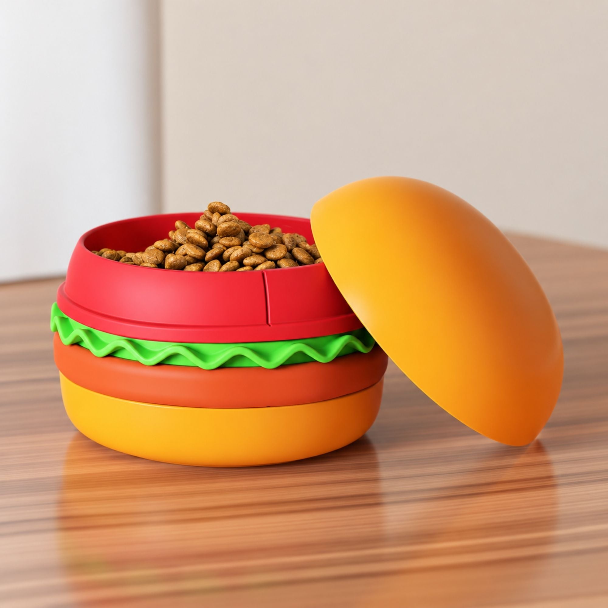 Orange Superdesign hamburger-shaped slow feeder pet bowl with ridged interior by CastleUp Experience Centre