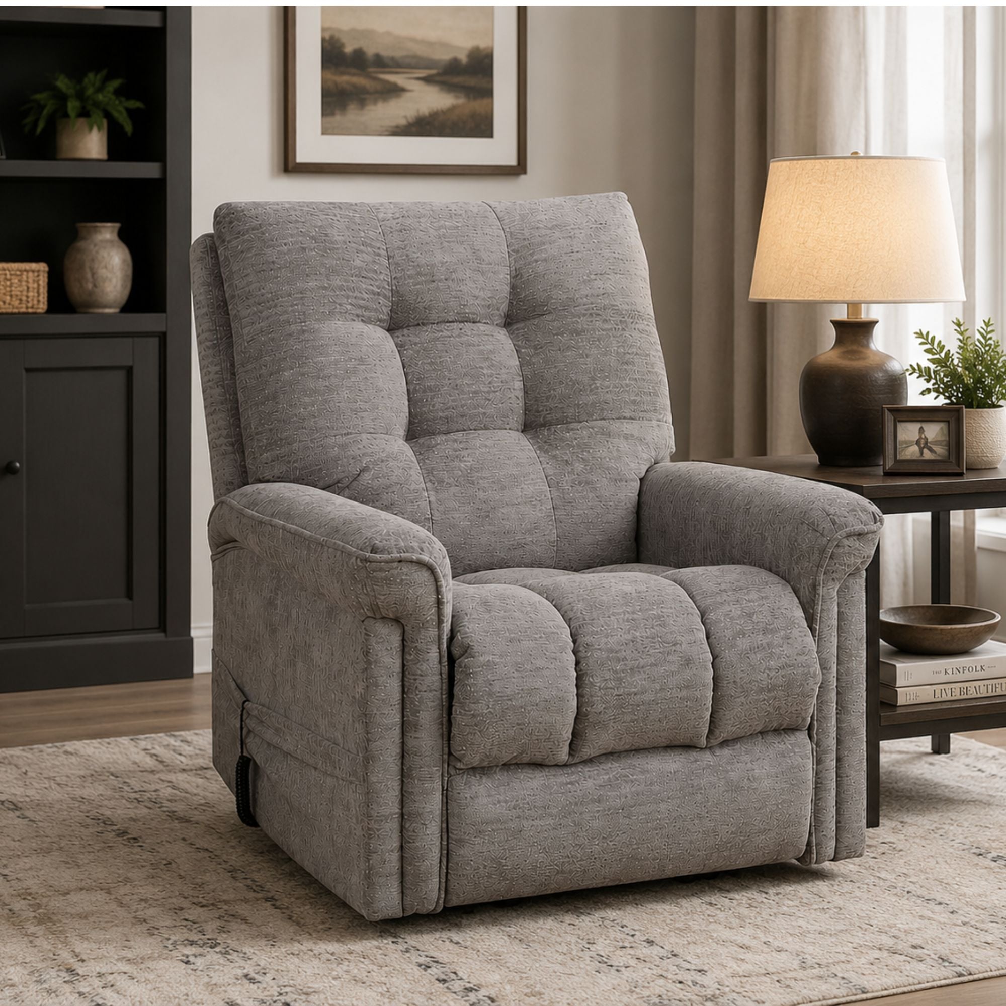 Grey-brown IFF Harlow power reclining lift chair with plush upholstery and built-in footrest for comfort and support.