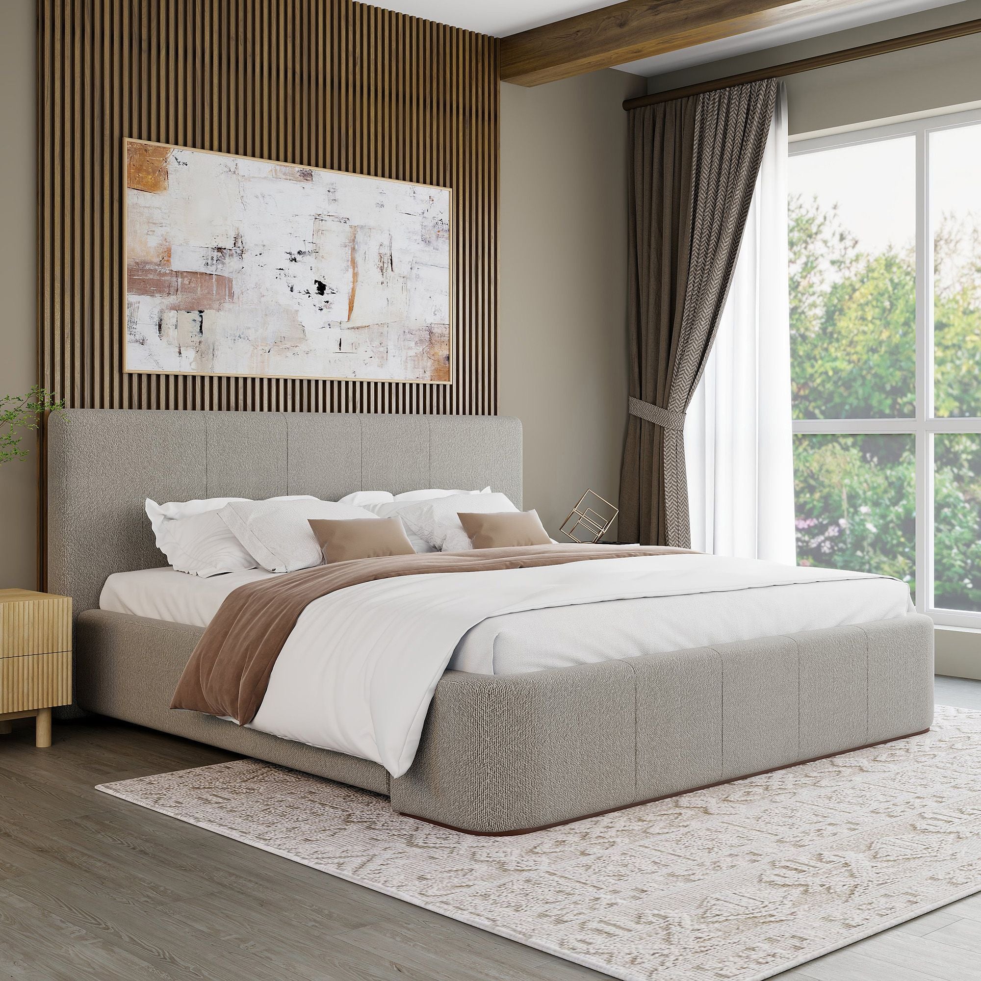 Harrod Upholstered Platform Bed in Mushroom and Walnut