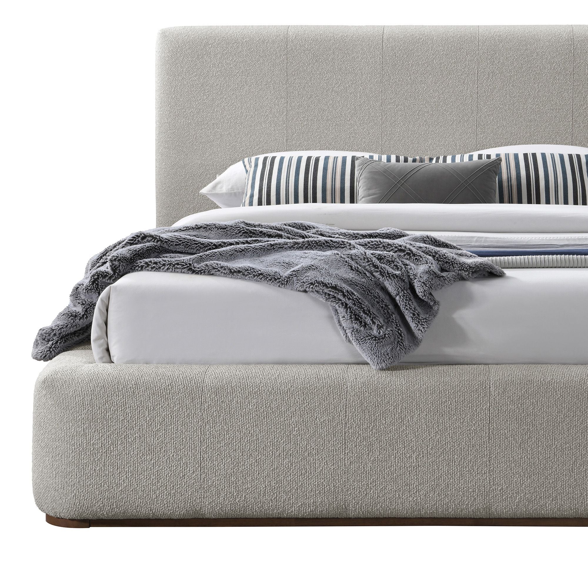 Harrod Upholstered Platform Bed in Mushroom and Walnut