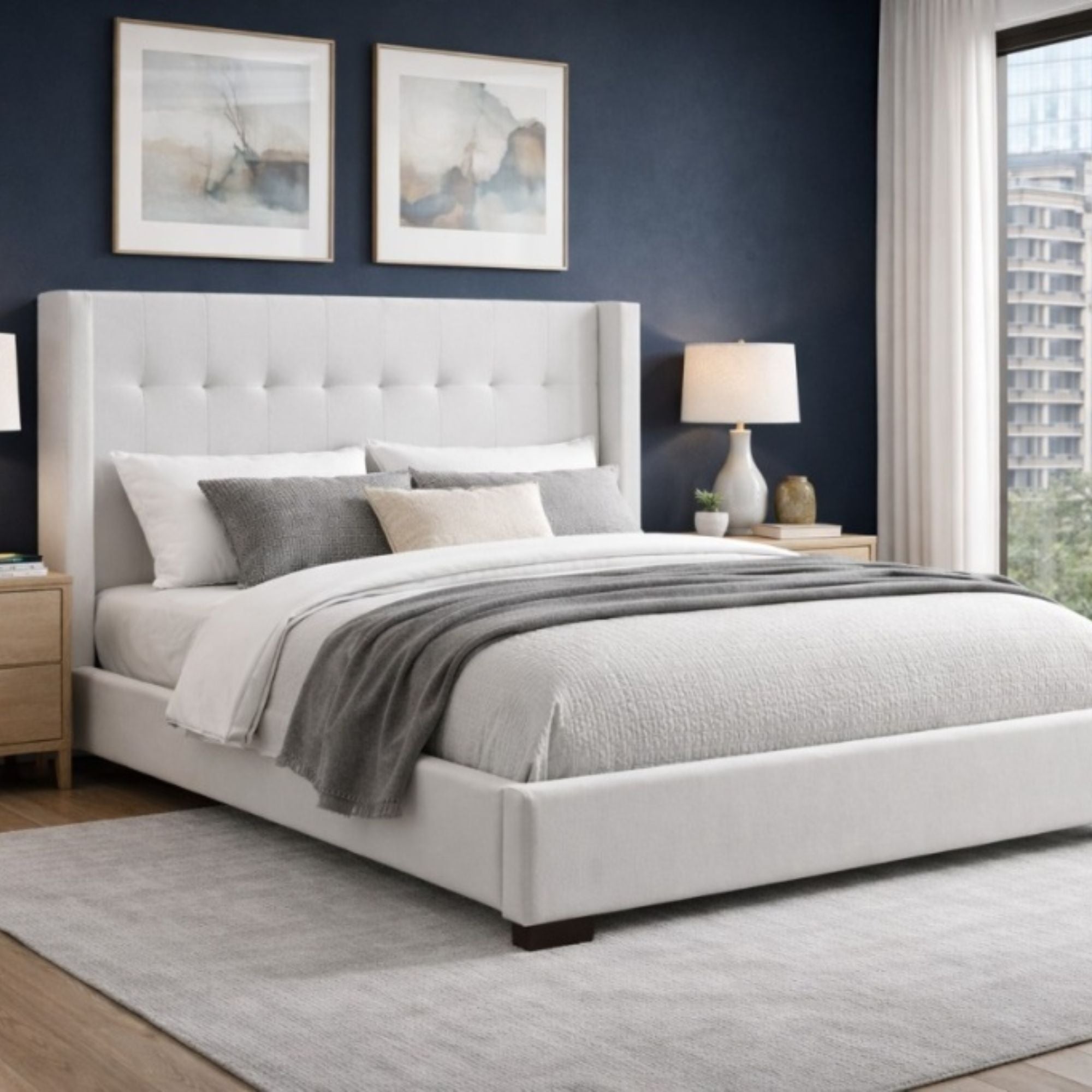 Micah Tufted Platform Bed in Beige | CastleUp Experience Centre Online Furniture