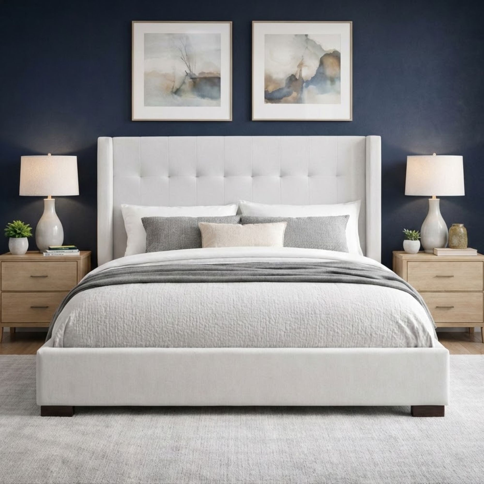 Micah Tufted Platform Bed in Beige | CastleUp Experience Centre Online Furniture