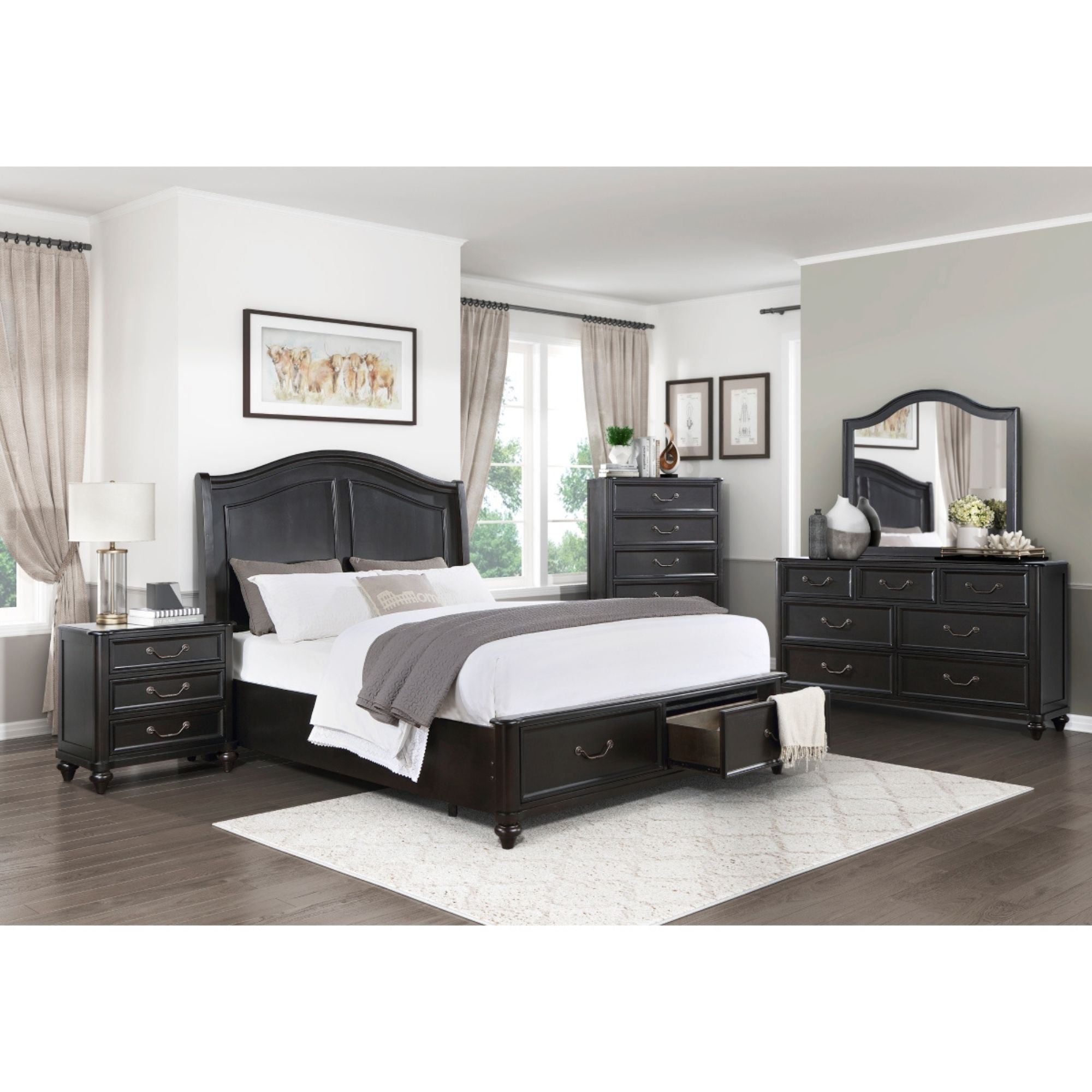 M.A.F Herman 3-drawer nightstand with sleek wood finish, featuring modern design and silver handles, placed beside a bed in a bedroom setting.