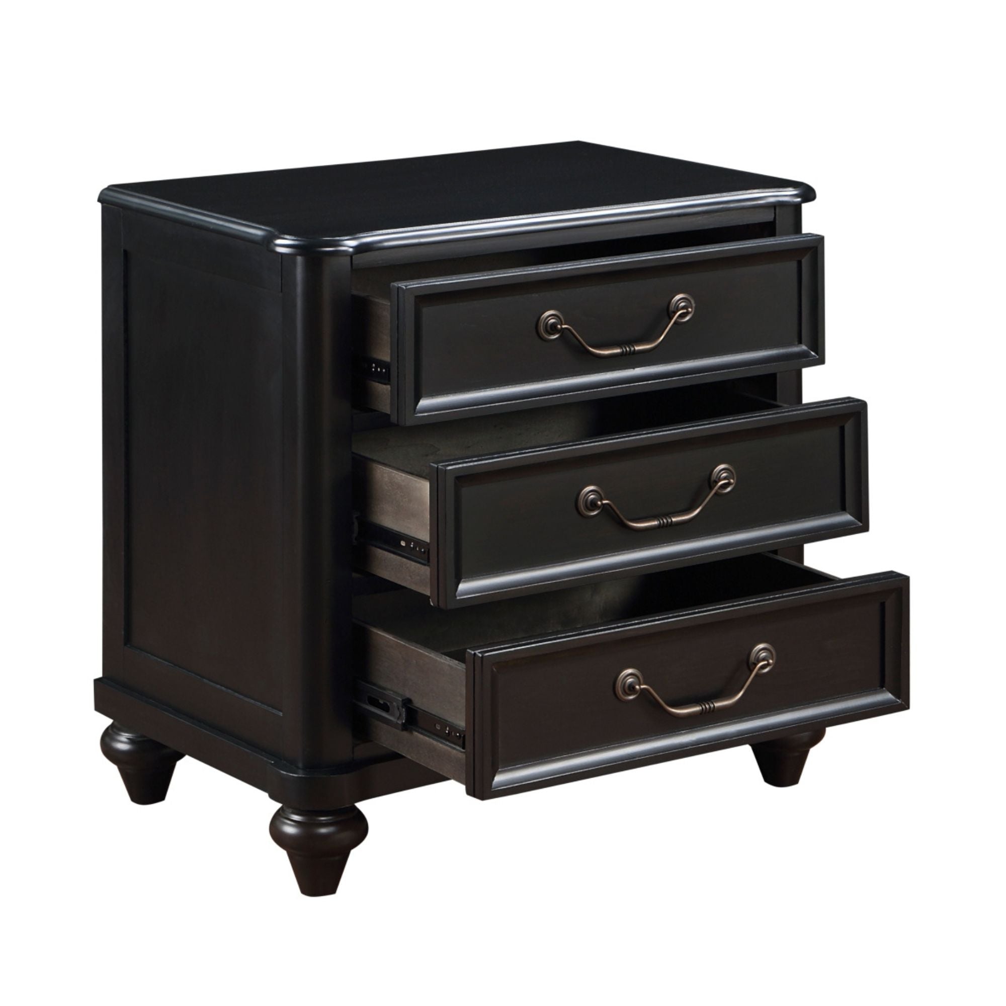 M.A.F Herman 3-drawer nightstand with sleek wood finish and modern design, featuring three spacious drawers and minimalist handles.