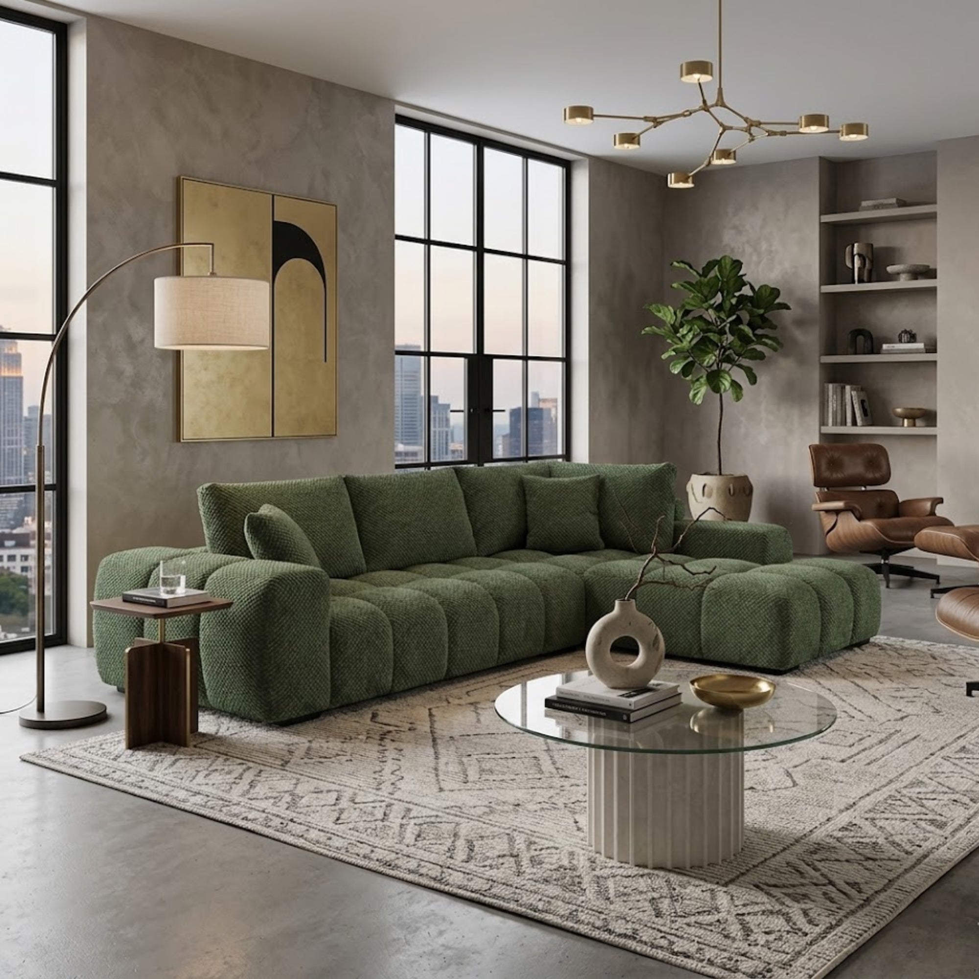 Dark green Zara sectional sofa by Brassex, featuring plush cushions and modern design, shown in a spacious living room setting.