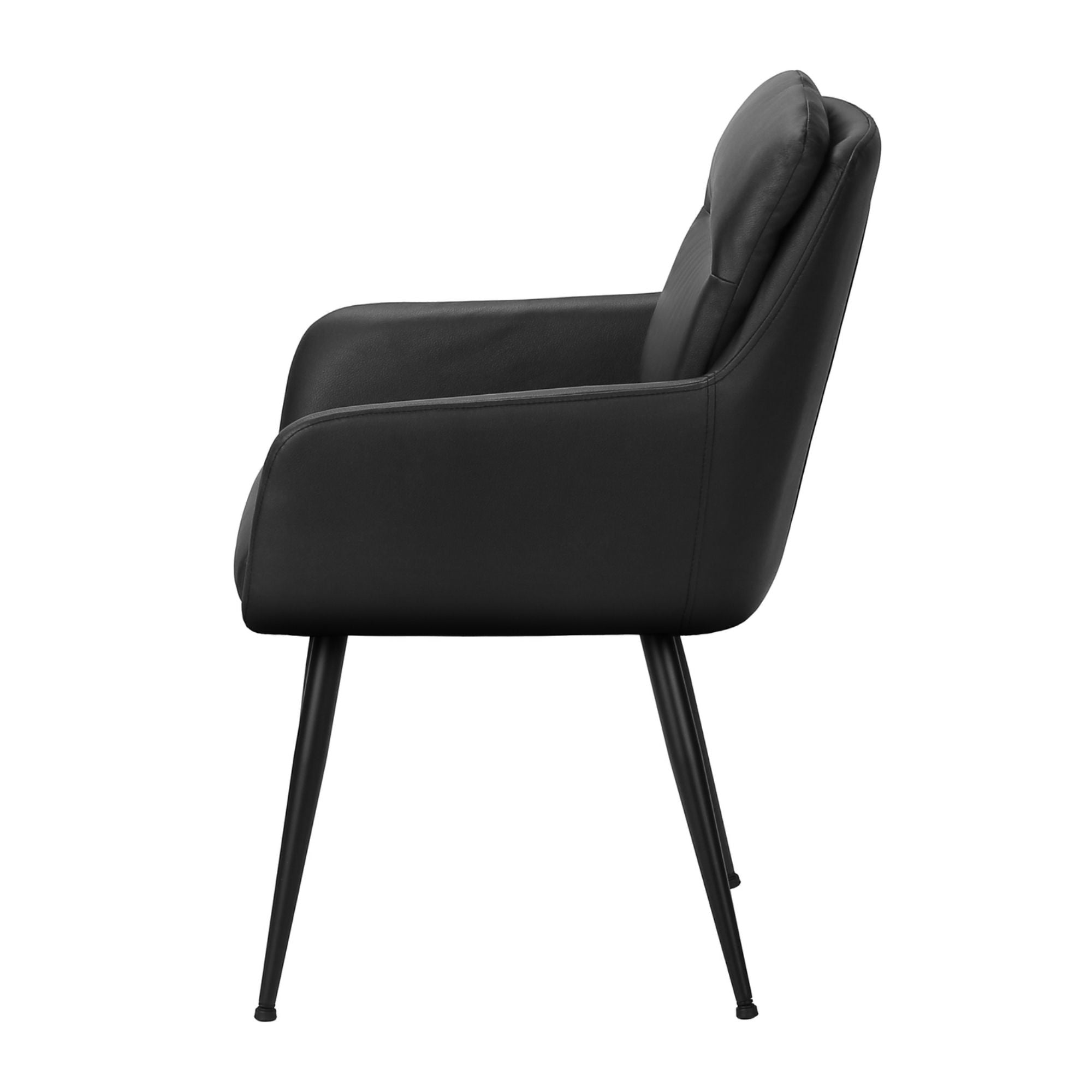 Set of two Monarch Specialties black leather-look dining chairs with sleek design and padded seats for modern dining rooms.