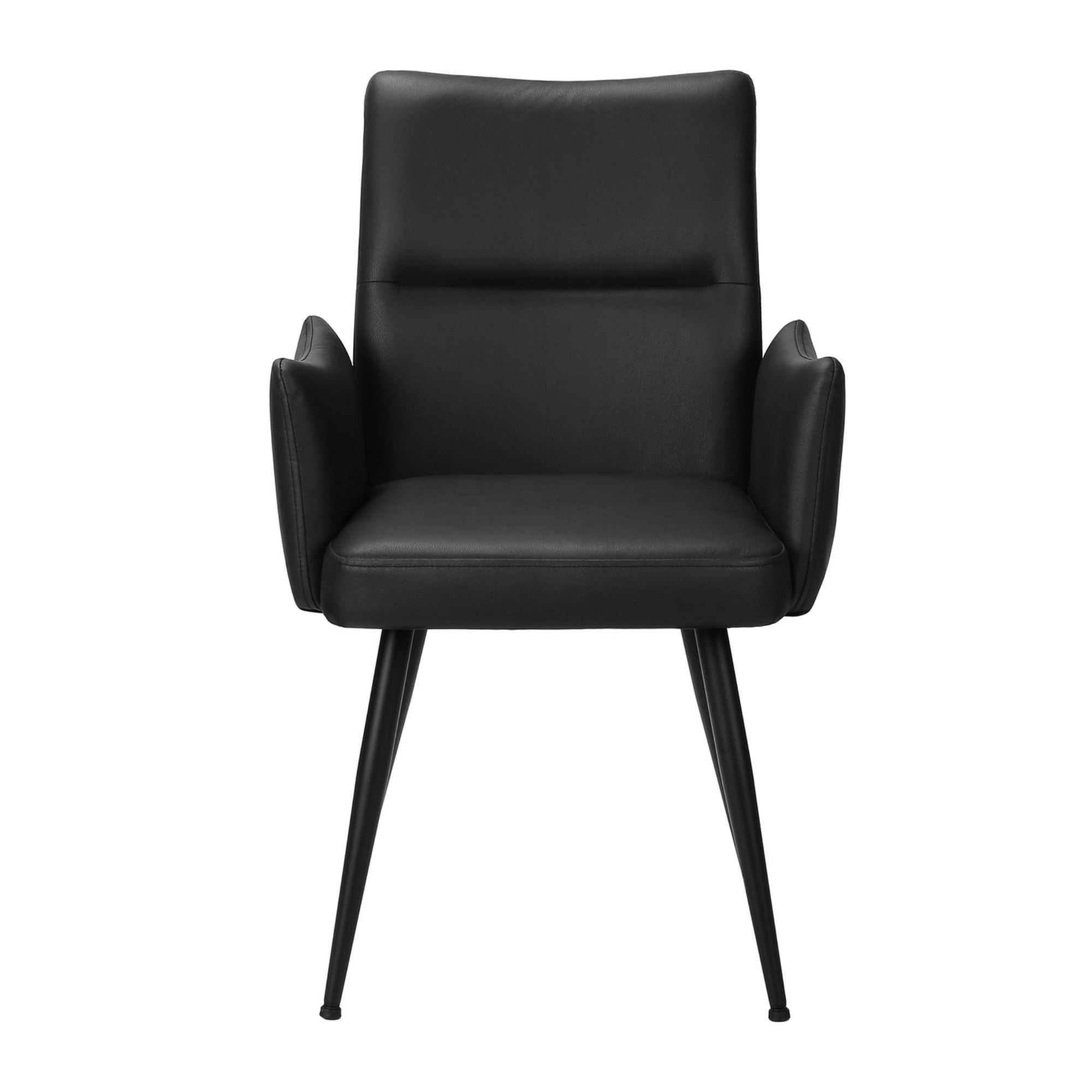 Set of two black leather-look dining chairs with metal legs by Monarch Specialties, showcasing modern design and sturdy construction.