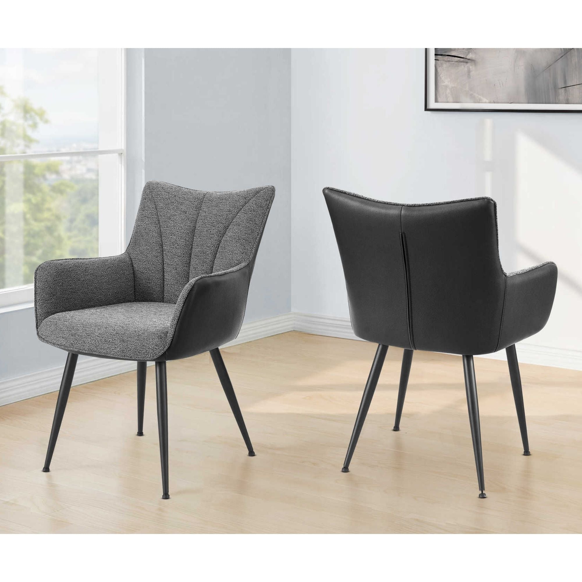 Pair of black and dark grey upholstered dining chairs with metal legs from Monarch Specialties, set of two.