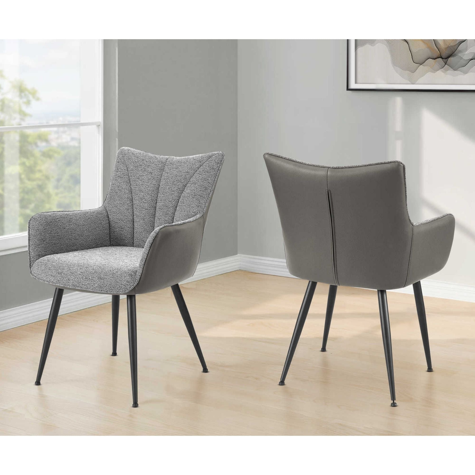 Pair of grey and light grey upholstered dining chairs with metal legs, designed by Monarch Specialties, set of two.