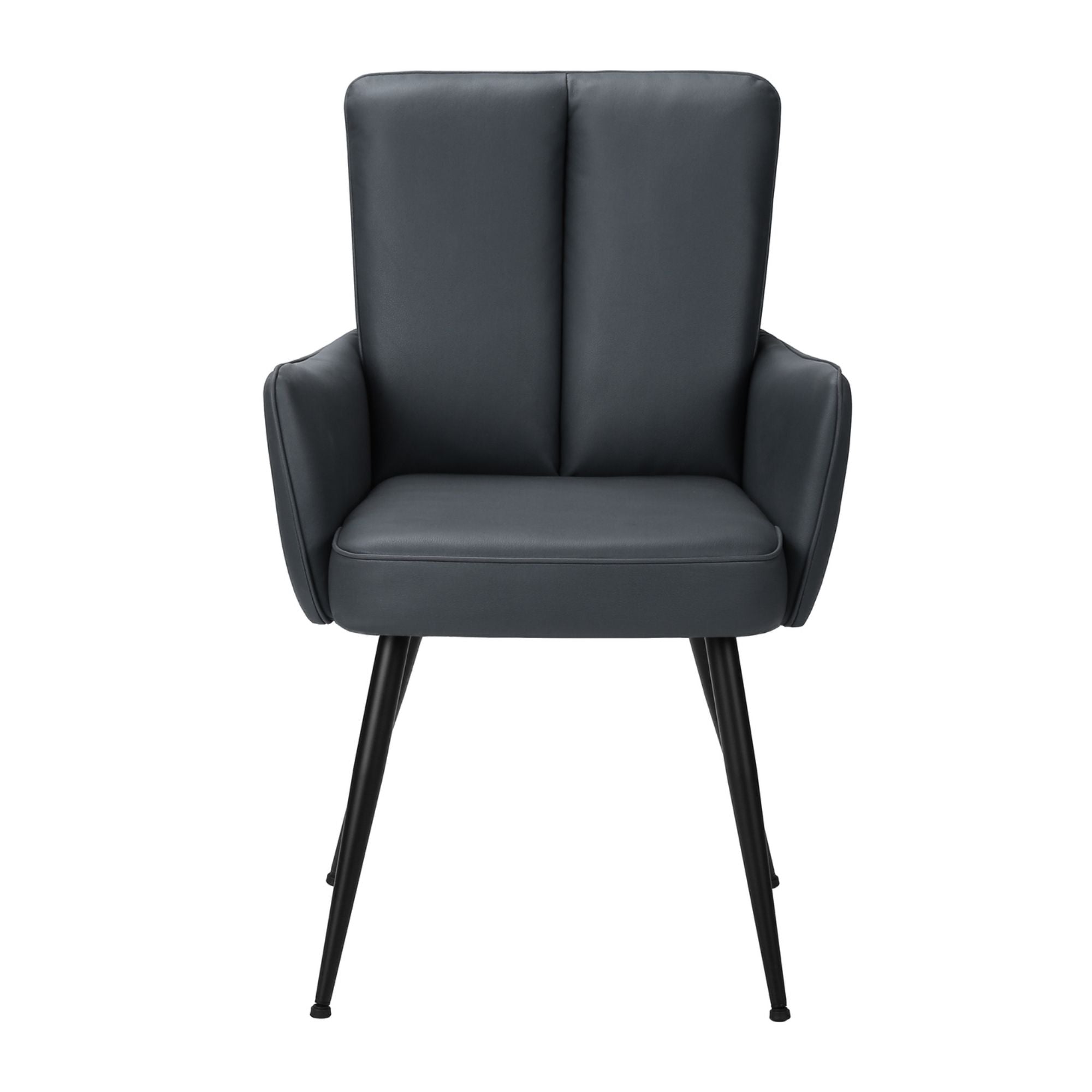 Pair of blue leather-look dining chairs with black metal legs by Monarch Specialties, showcasing modern seating design.