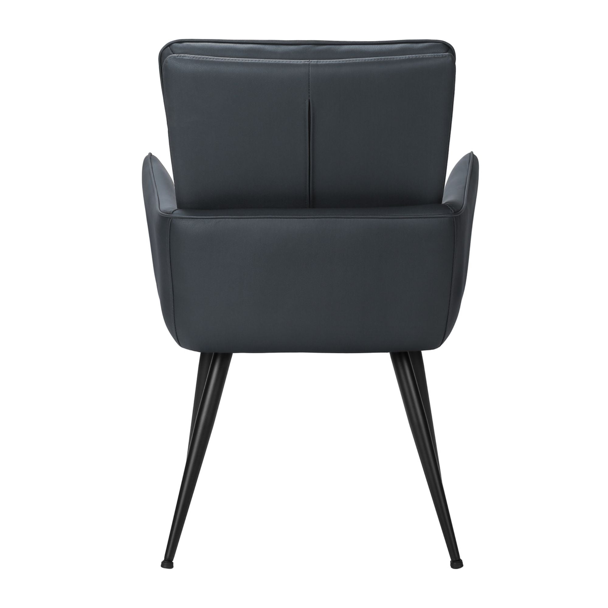 Pair of blue leather-look dining chairs with black metal legs from Monarch Specialties, showcasing modern seating for dining rooms.