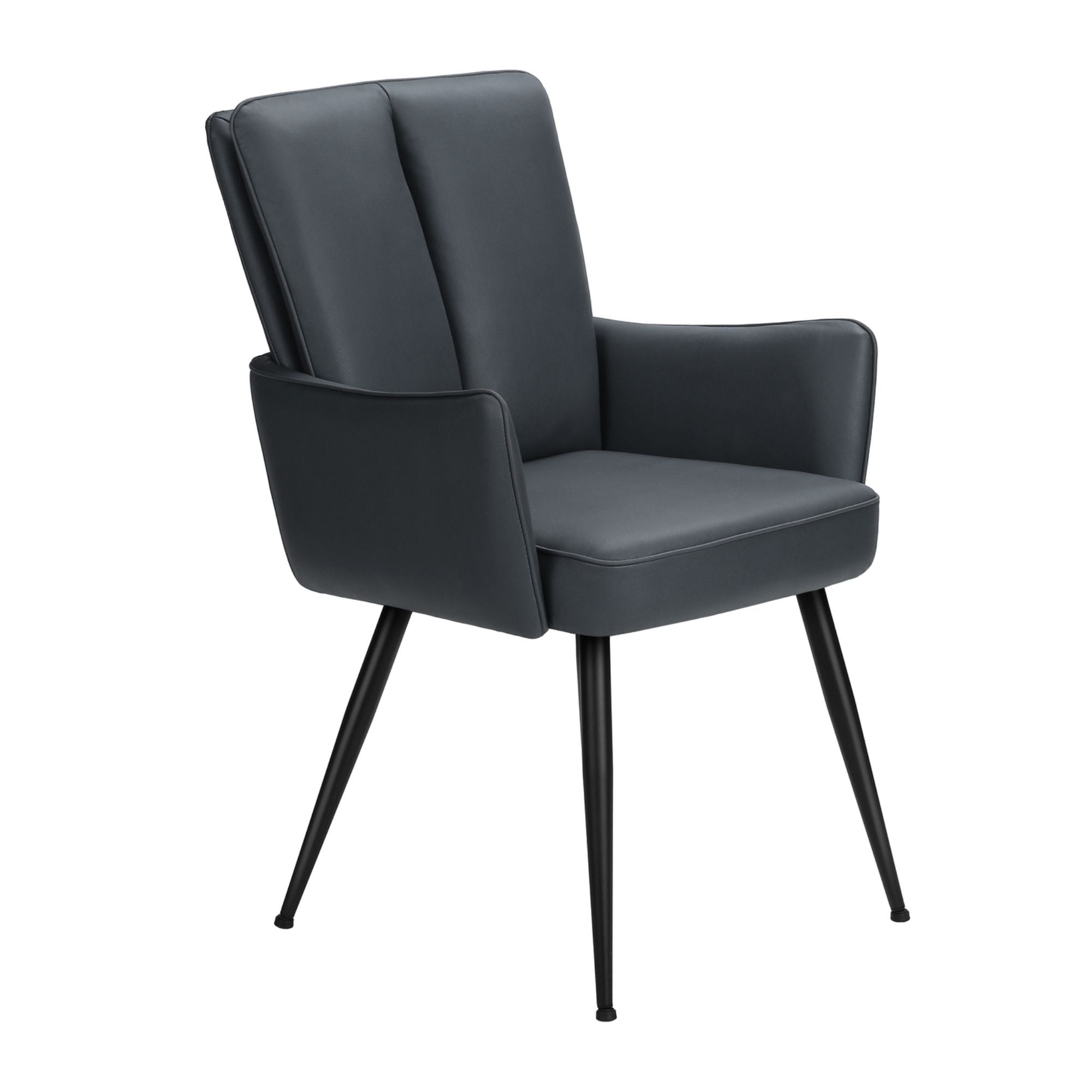 Set of two blue leather-look Monarch Specialties dining chairs with black metal legs, showcasing modern design and comfortable seating.