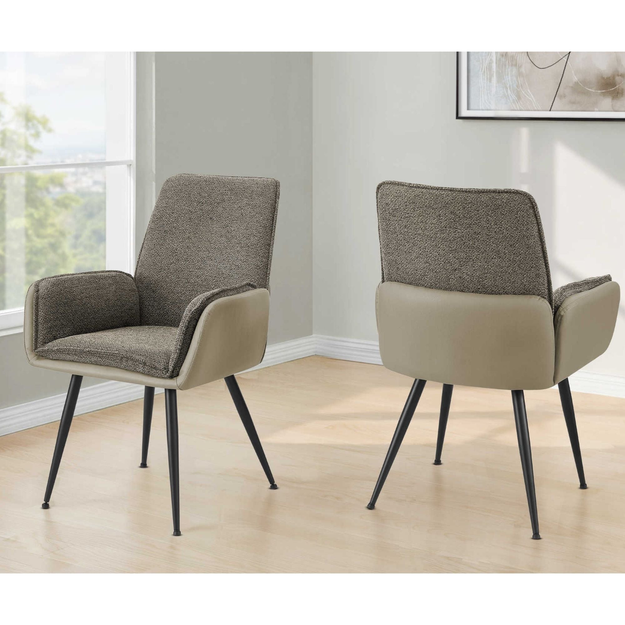 Set of two Monarch Specialties taupe and brown upholstered dining chairs with metal legs, showcasing modern design and comfortable seating.